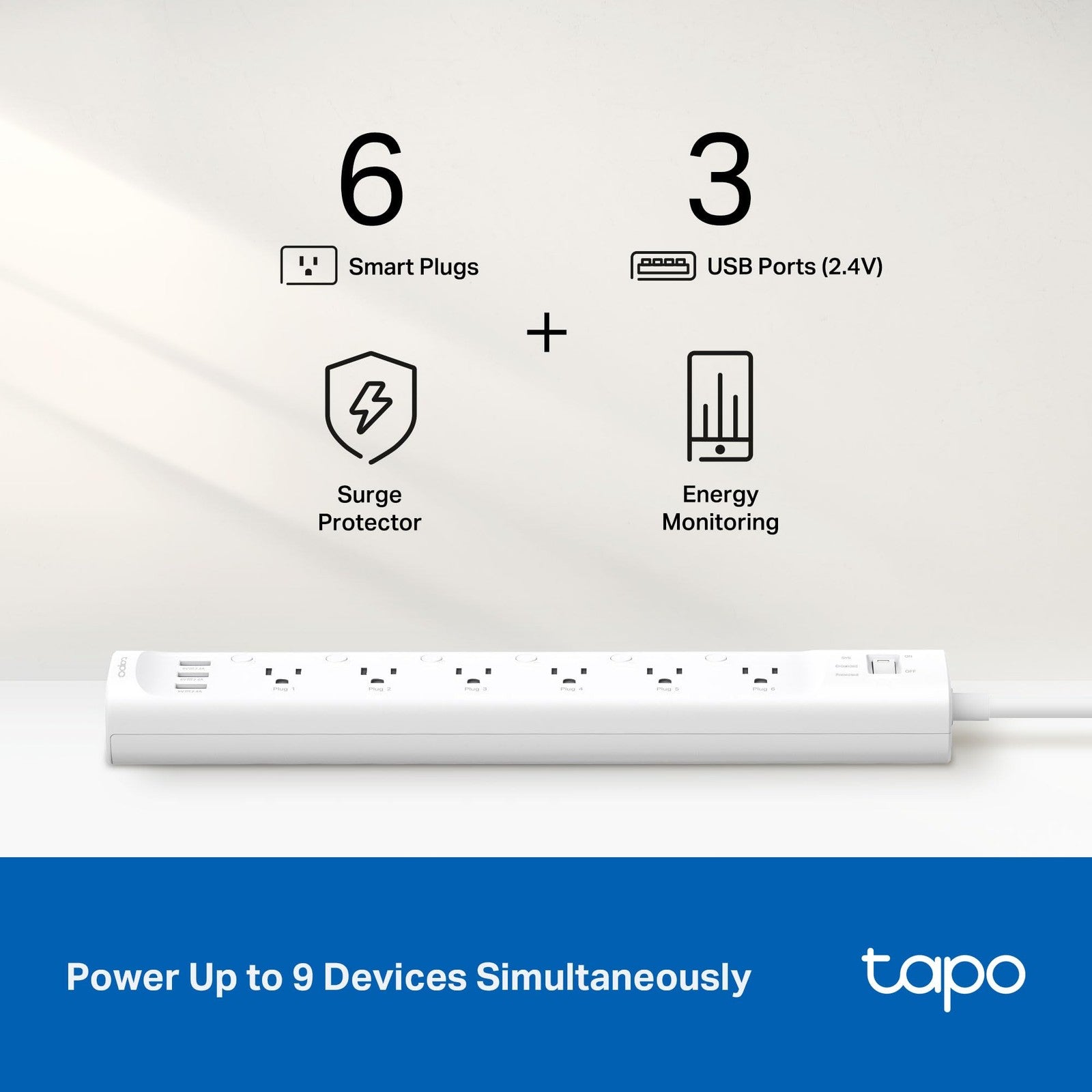 Tapo Smart Wi-Fi Power Strip with energy monitoring, surge protection, and Matter compatibility, showing multiple outlets and indicator lights.