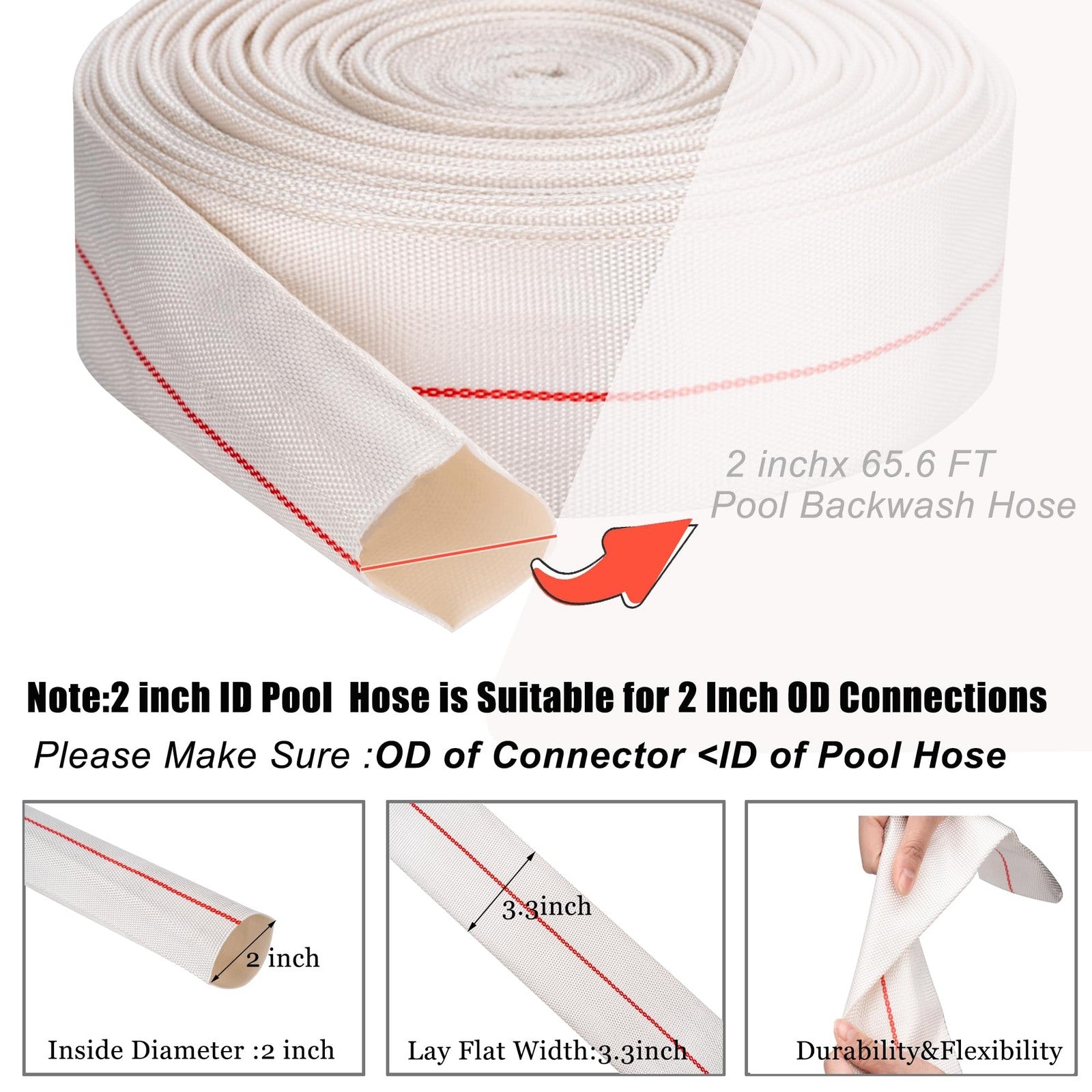 Heavy-duty 2-inch ID Geowaky backwash hose, 65.6 feet long, made of PVC for swimming pool water discharge and filtration.