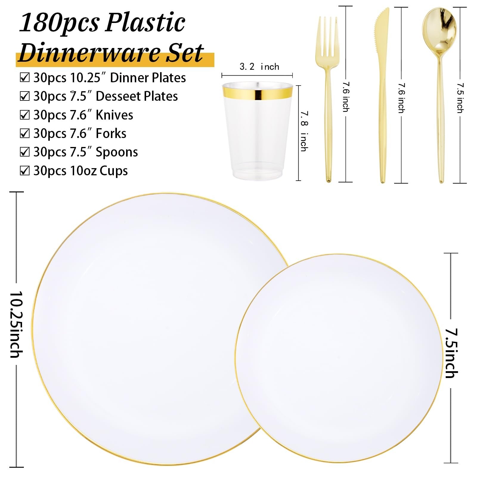 Set of 10 white and gold plastic plates for parties, featuring elegant gold accents, by ejonirinjonir.