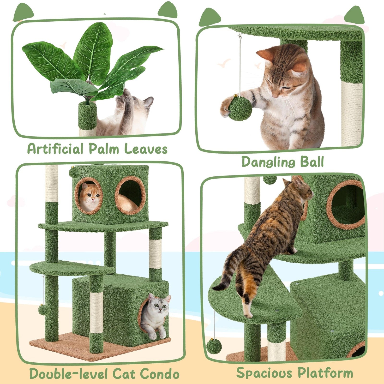 Green Yaheetech 59-inch cactus-shaped cat tree with palm leaf design, featuring double-level condos and spacious platforms for cats.