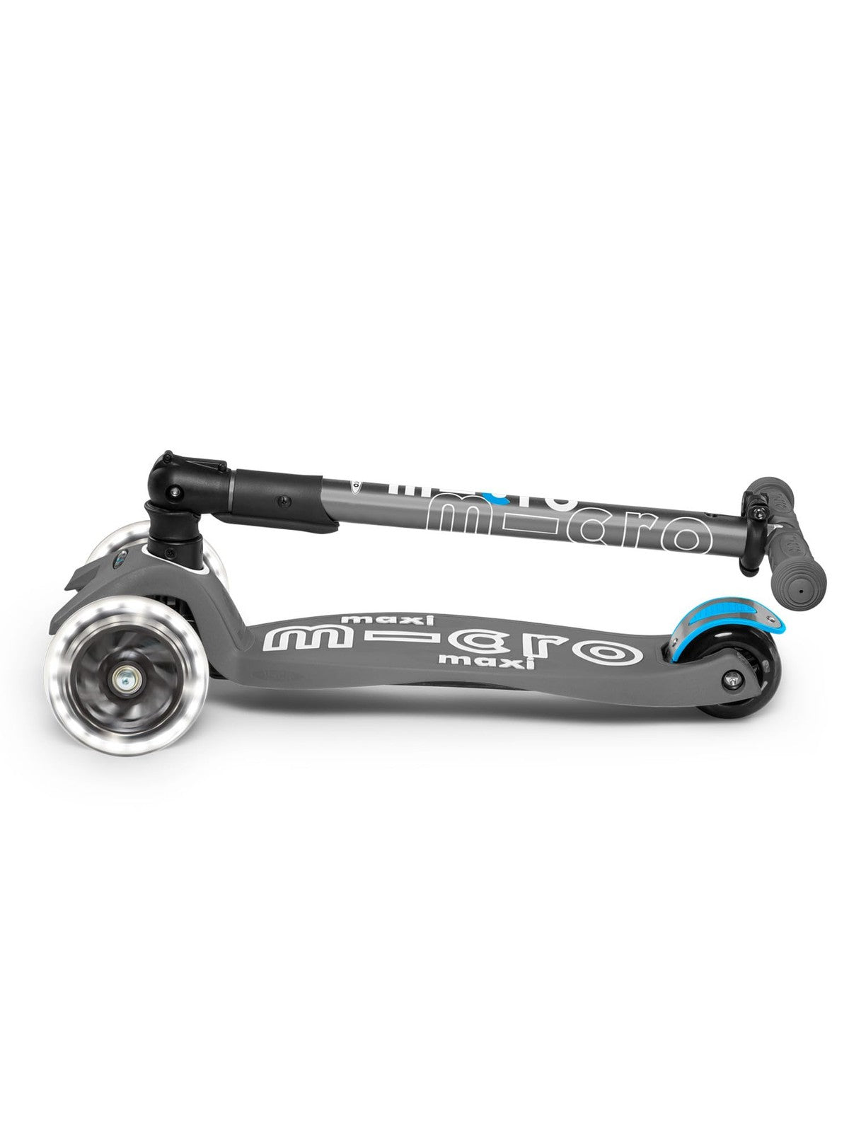 Micro Maxi Deluxe Foldable LED three-wheeled kick scooter with lean-to-steer design, featuring LED lights and adjustable handlebars.