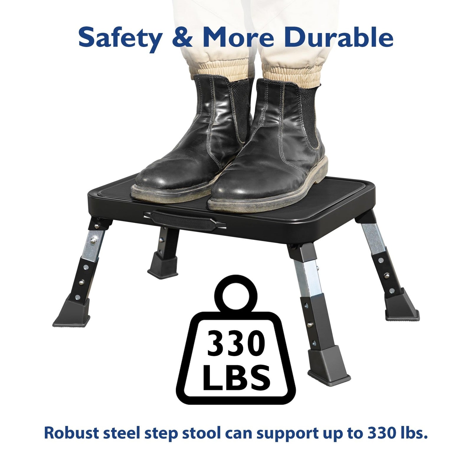 BONTEC folding metal step stool with three adjustable heights and anti-slip platform for safe, easy access.