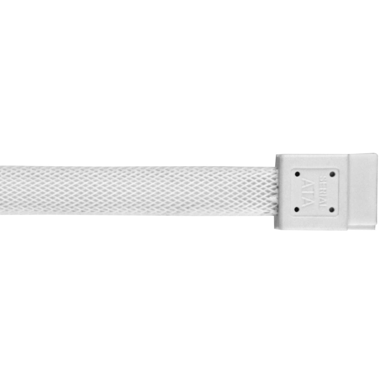 SilverStone SATA 3 white sleeved cable with EMI guard, designed for 6Gb/s data transfer, shown with connectors visible.