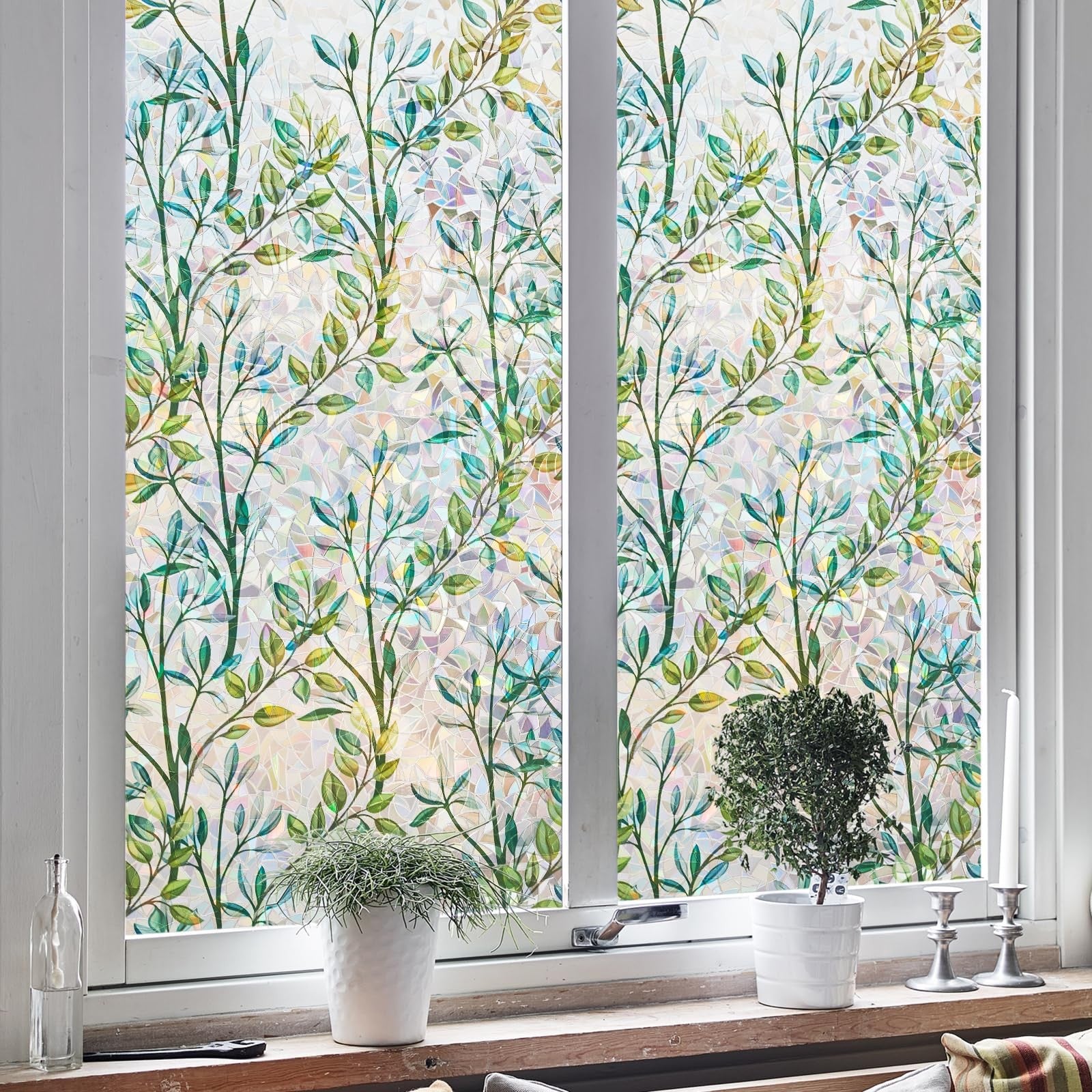 NINETREX stained glass window film with 3D decorative sun blocking static cling on clear glass surface.