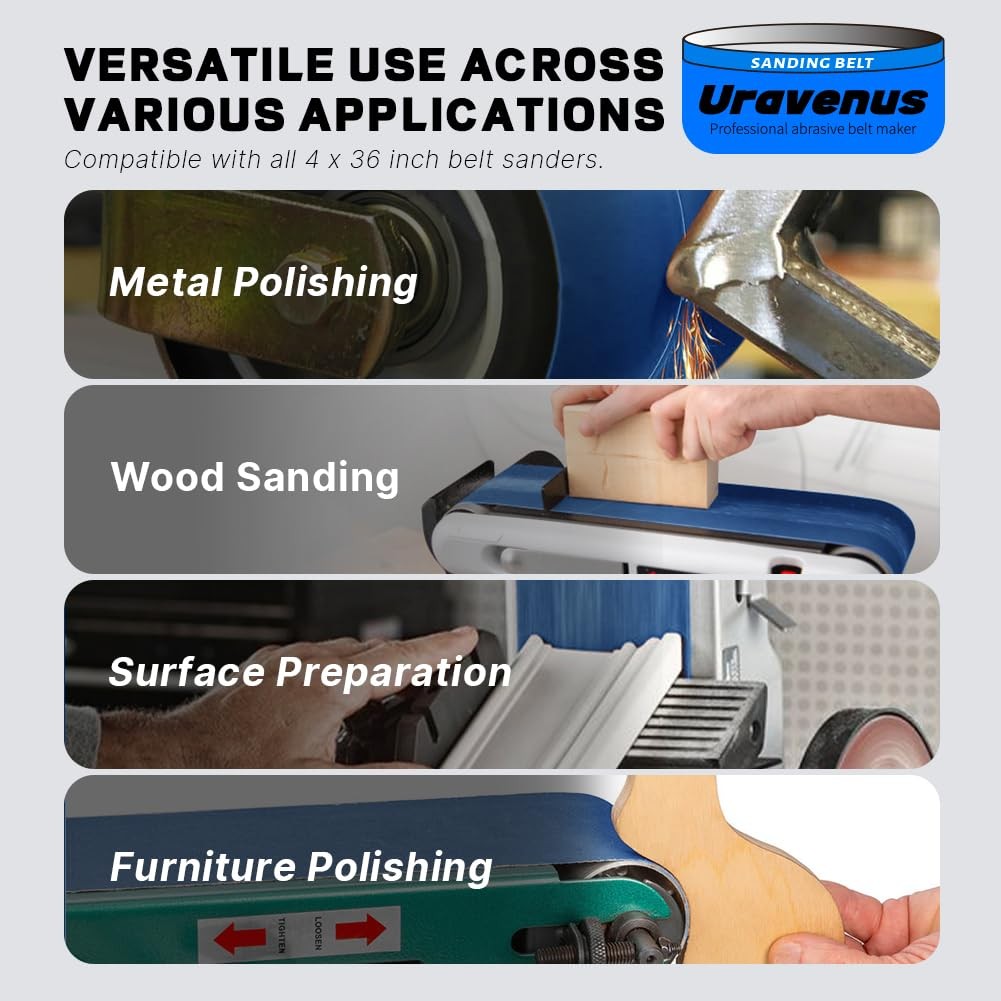 Set of four 36-inch Uravenus zirconia sanding belts, 240 grit, for ultra-fine polishing and grinding applications.