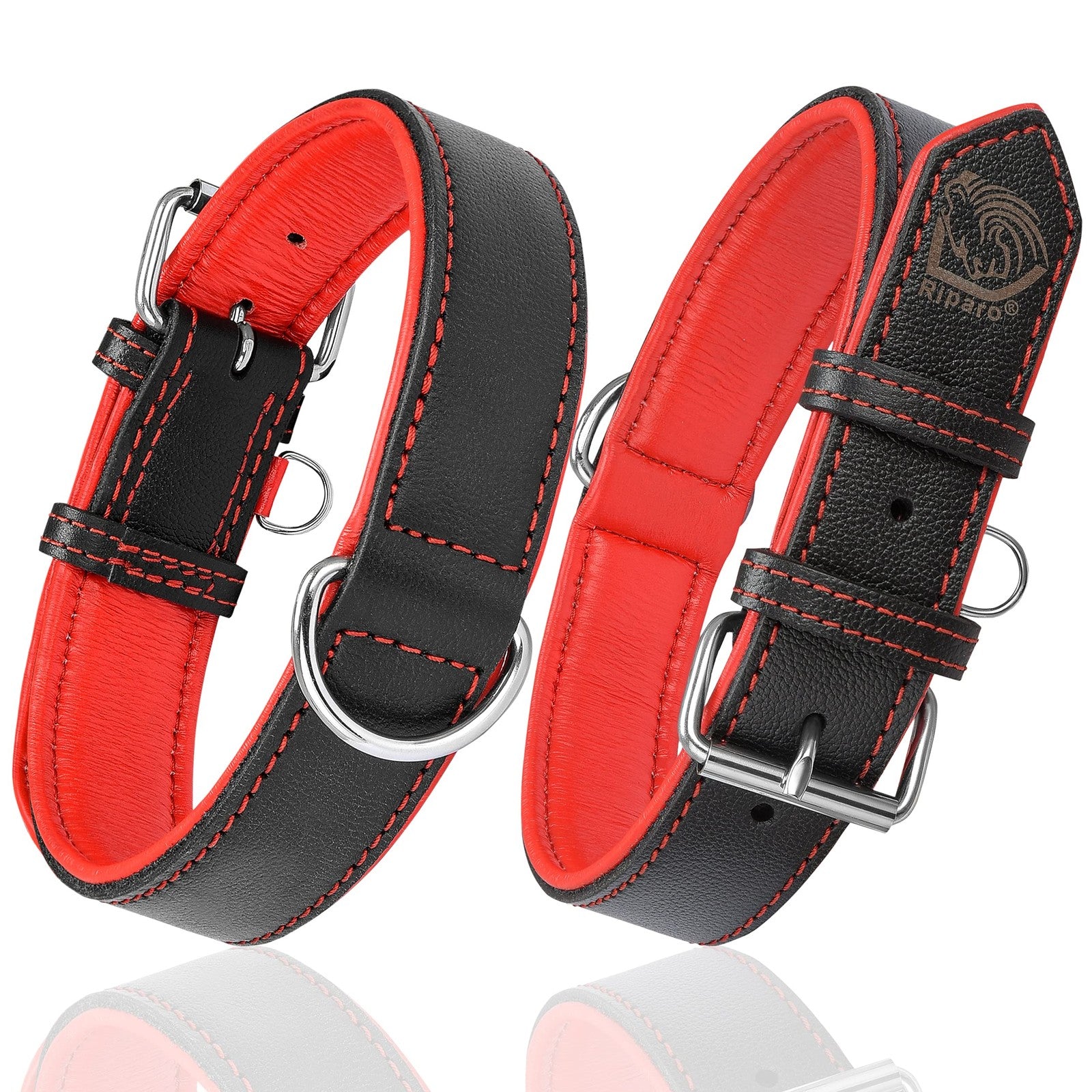 Riparo Motorsports adjustable leather dog collar, heavy-duty wide dog collar with sturdy leather and metal buckle for large dogs.