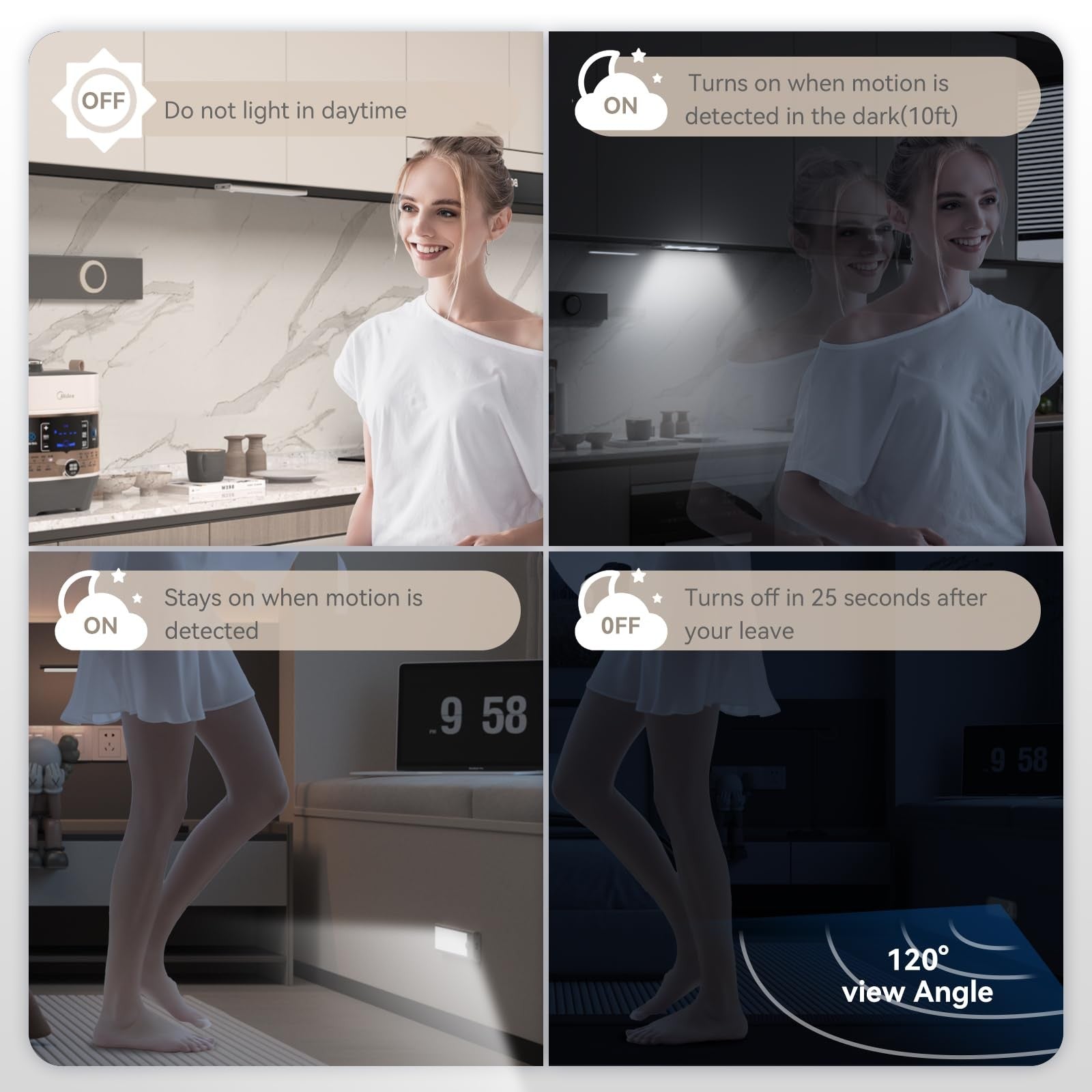 Xinp LED magnetic motion-activated under cabinet lighting installed under kitchen cabinets for bright, hands-free illumination.