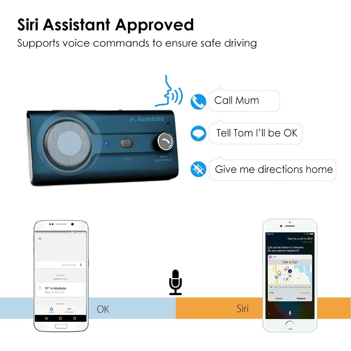 Avantree CK11 Bluetooth 5.0 car kit with 3W loud speakerphone, showing the compact device connected in a vehicle.