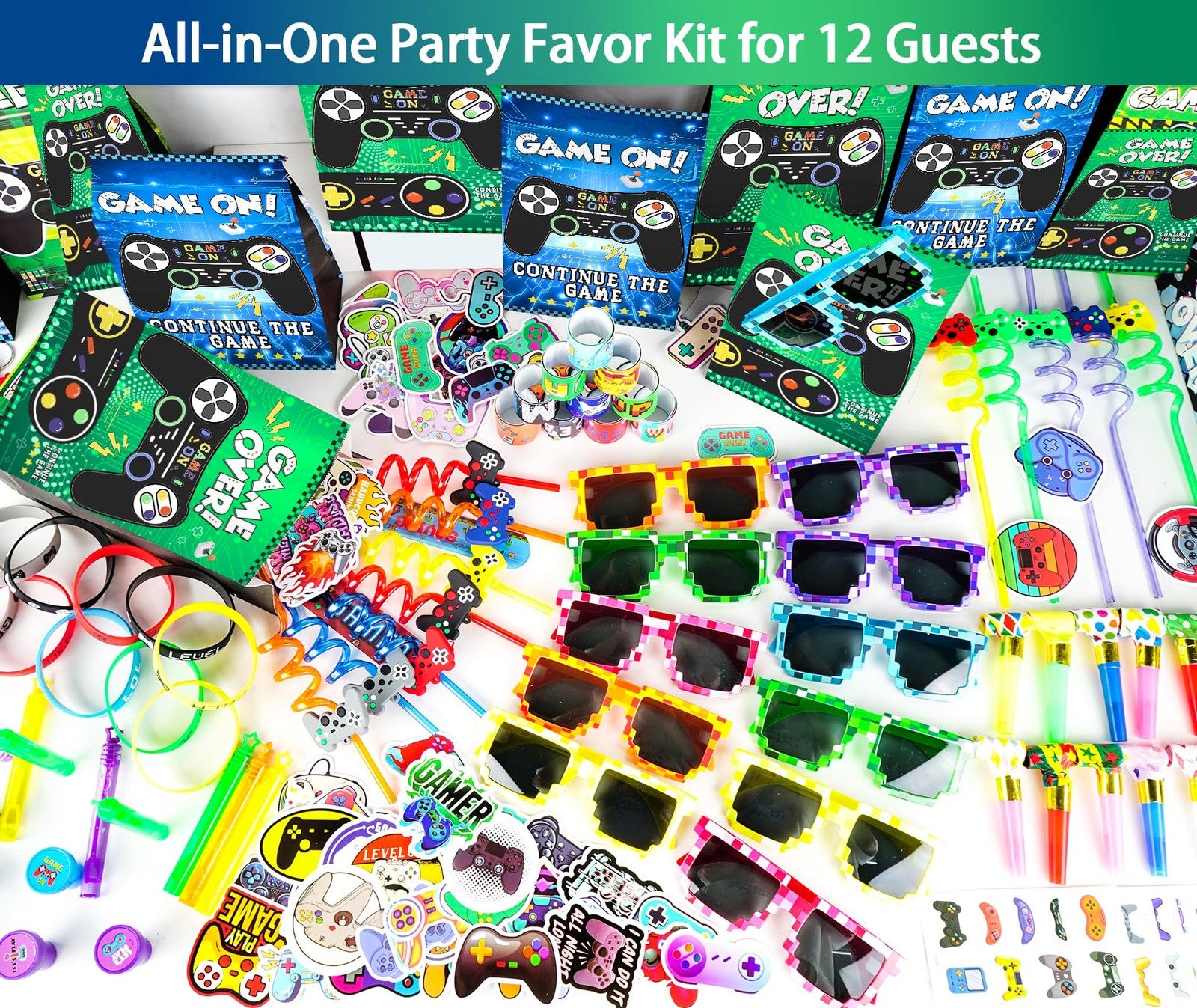We1stdsee 158-piece video game party favors kit with gamer goodie bags for 12 guests, includes toys and accessories for gaming-themed celebration.