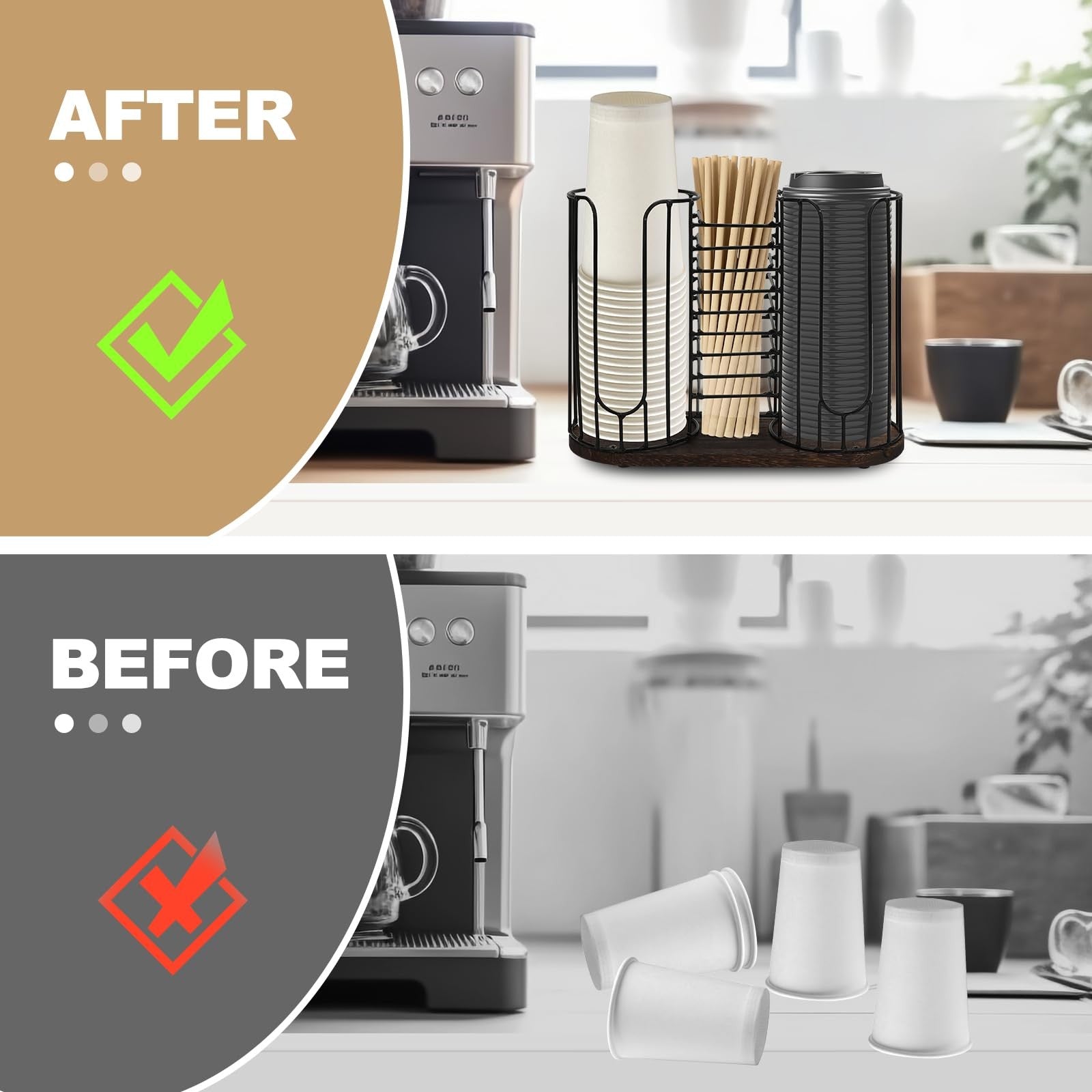Tanggiteck 3-compartment 18oz coffee cup dispenser rack with wood base, holding disposable coffee cups and lids.