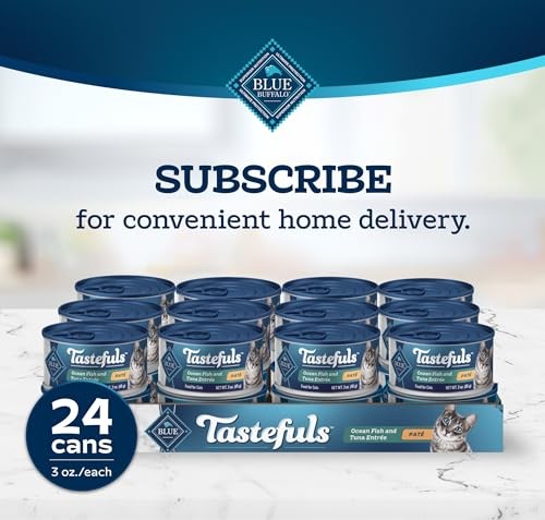 Blue Buffalo Tastefuls wet cat food Paté with natural ingredients, featuring a bowl of ocean-flavored cat food on a white background.