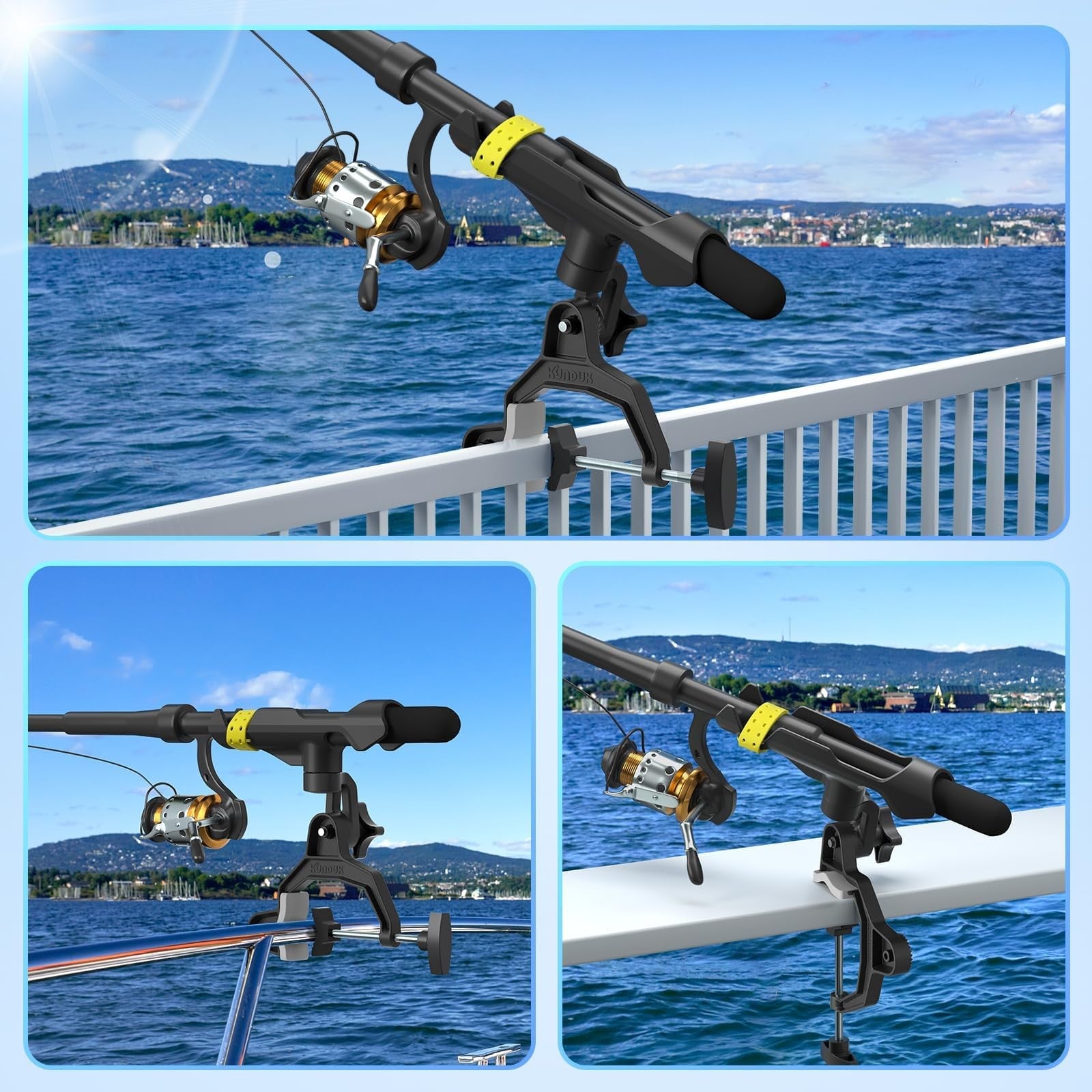 KUNDUK upgraded fishing rod holder with button-lock, 360-degree dual rotation, universal silicone grip, mounted on a boat or dock
