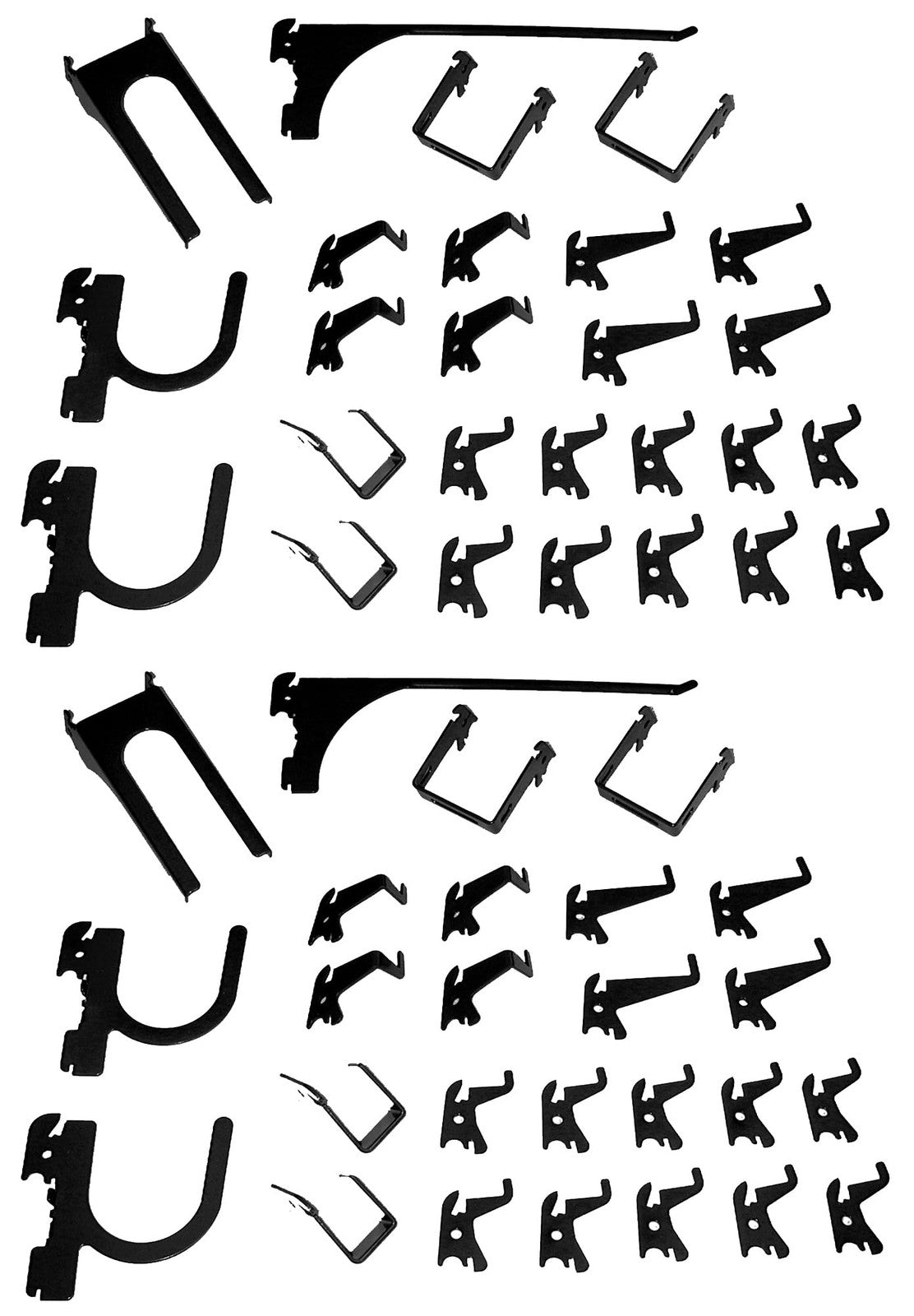 Wall Control 52-piece black steel metal hook assortment for tool boards, showing various hooks mounted on a black tool board.