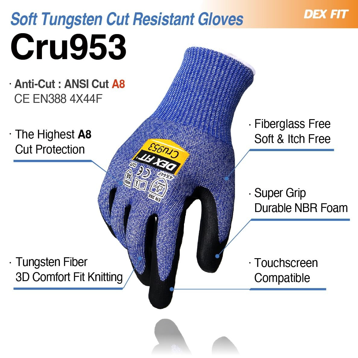 DEX FIT Cut Resistant Gloves Cru953 with Level A8 tungsten protection, showing a close-up of the itch-free 3D fit and safety features.