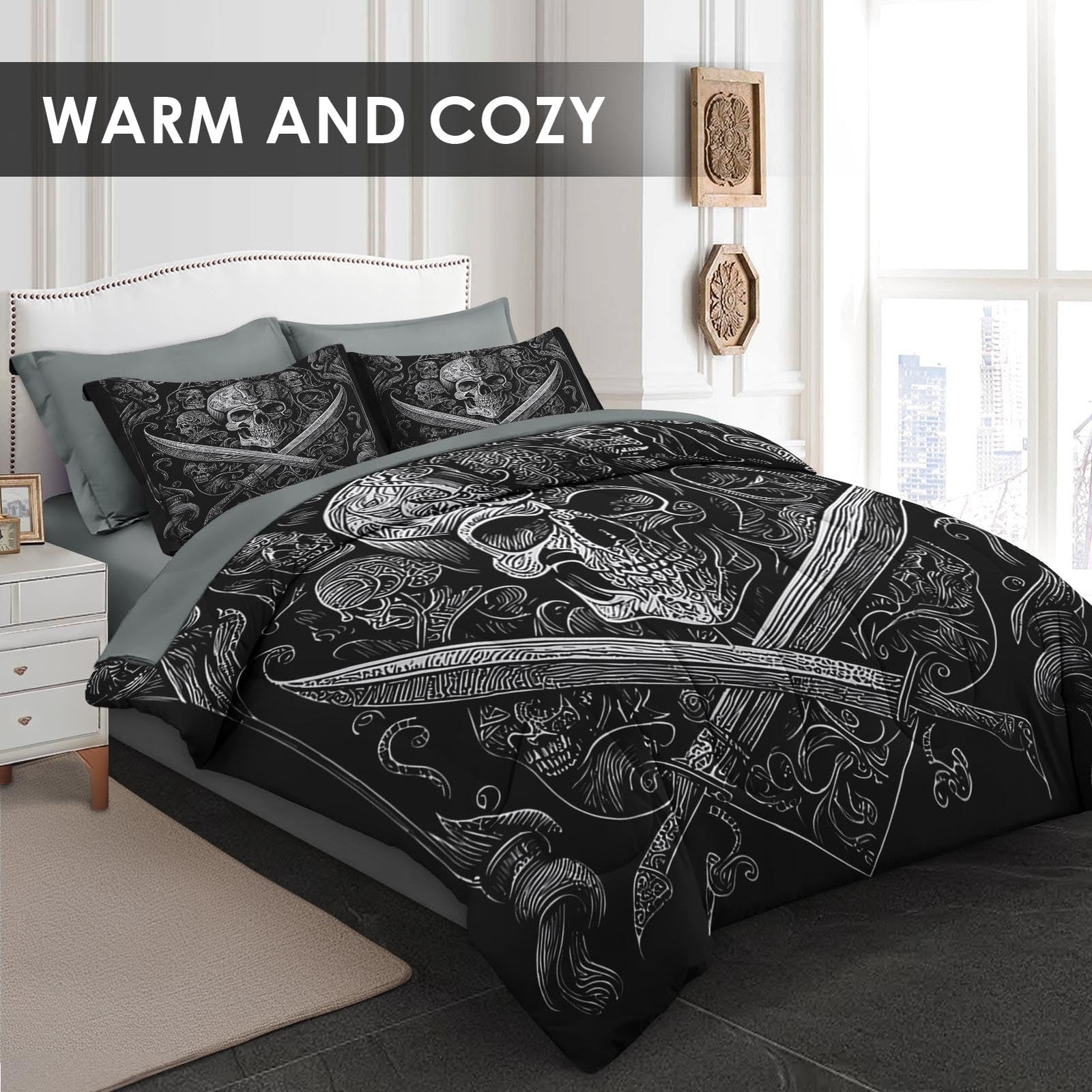 Twin size Pamnest Comforter Set with gothic vintage design, includes 5 pieces for adult bedding, featuring dark, ornate patterns.