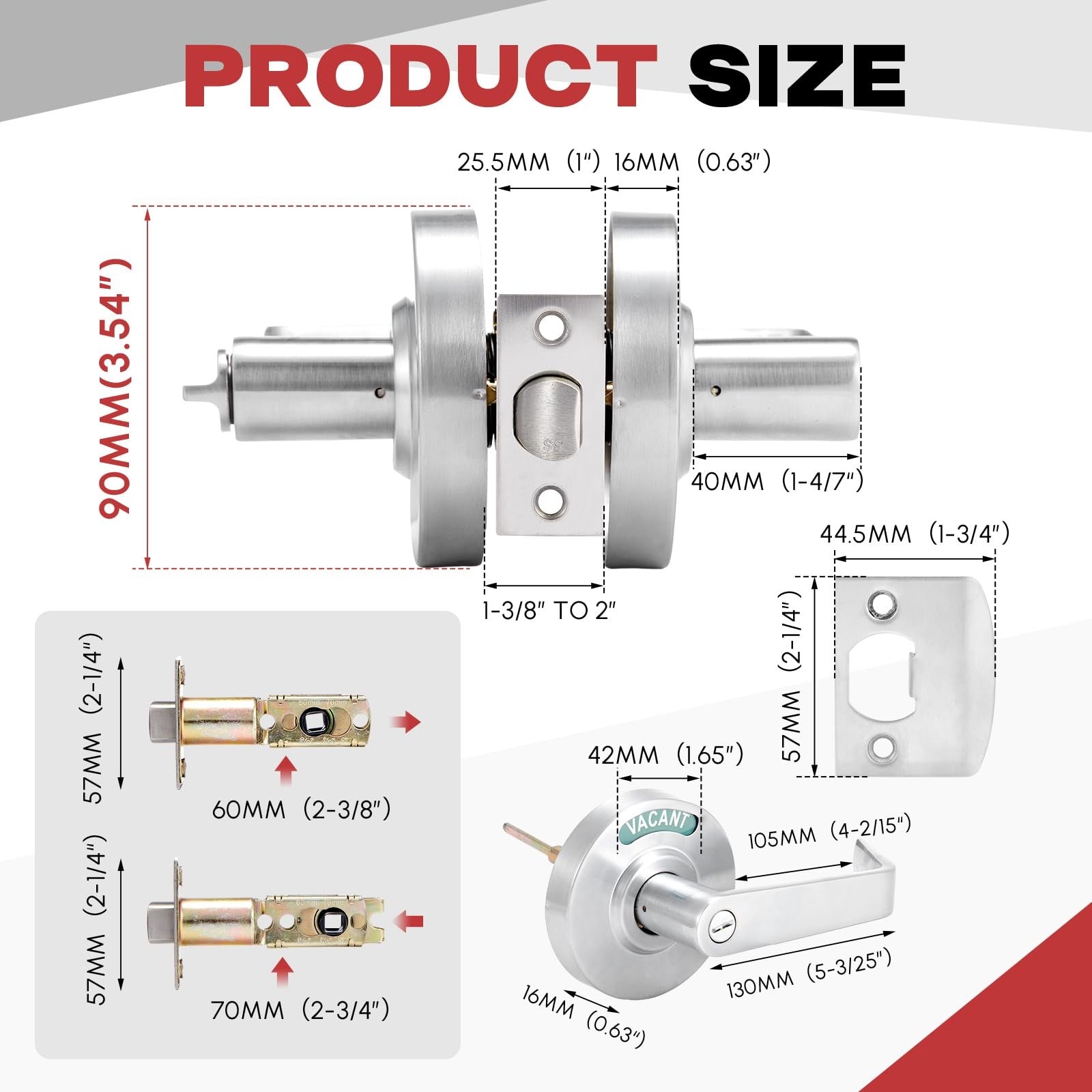 Tandefio bathroom lock with vacant/occupied indicator, commercial door handle, deadbolt, and privacy lock mechanism.