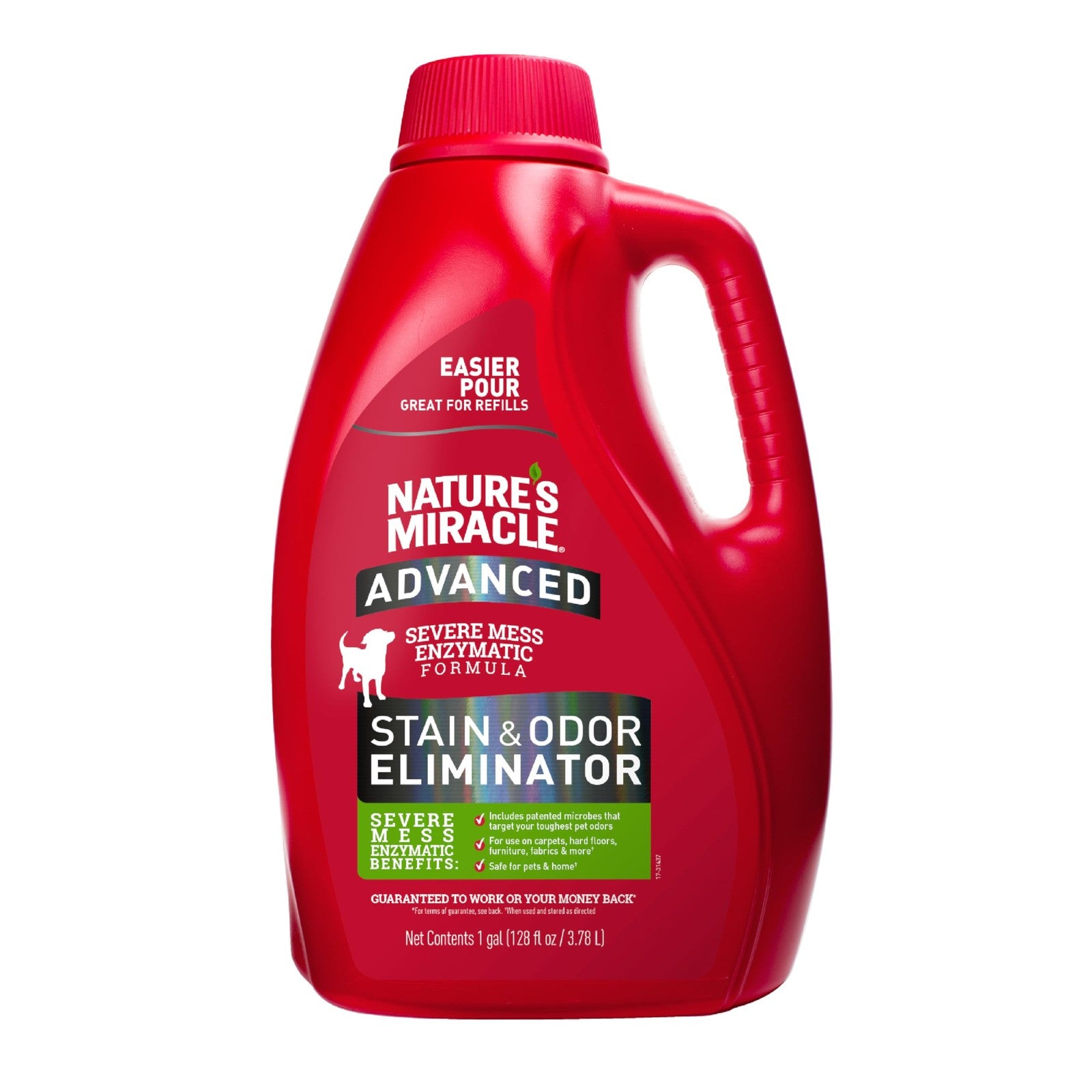 Nature's Miracle enzymatic dog stain and odor eliminator 1-gallon bottle with spray nozzle, designed to remove pet messes and odors.