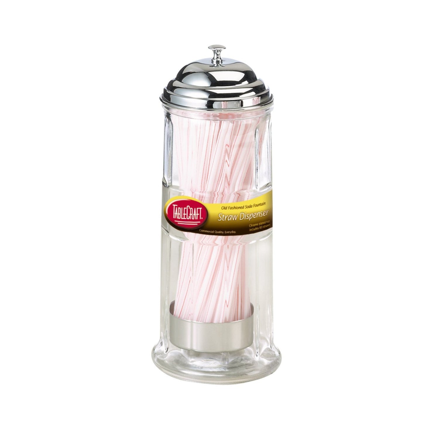 TableCraft H714CH glass straw dispenser with chrome finish, compact 4-3/8" x 4-3/8" x 11-1/8" countertop storage container