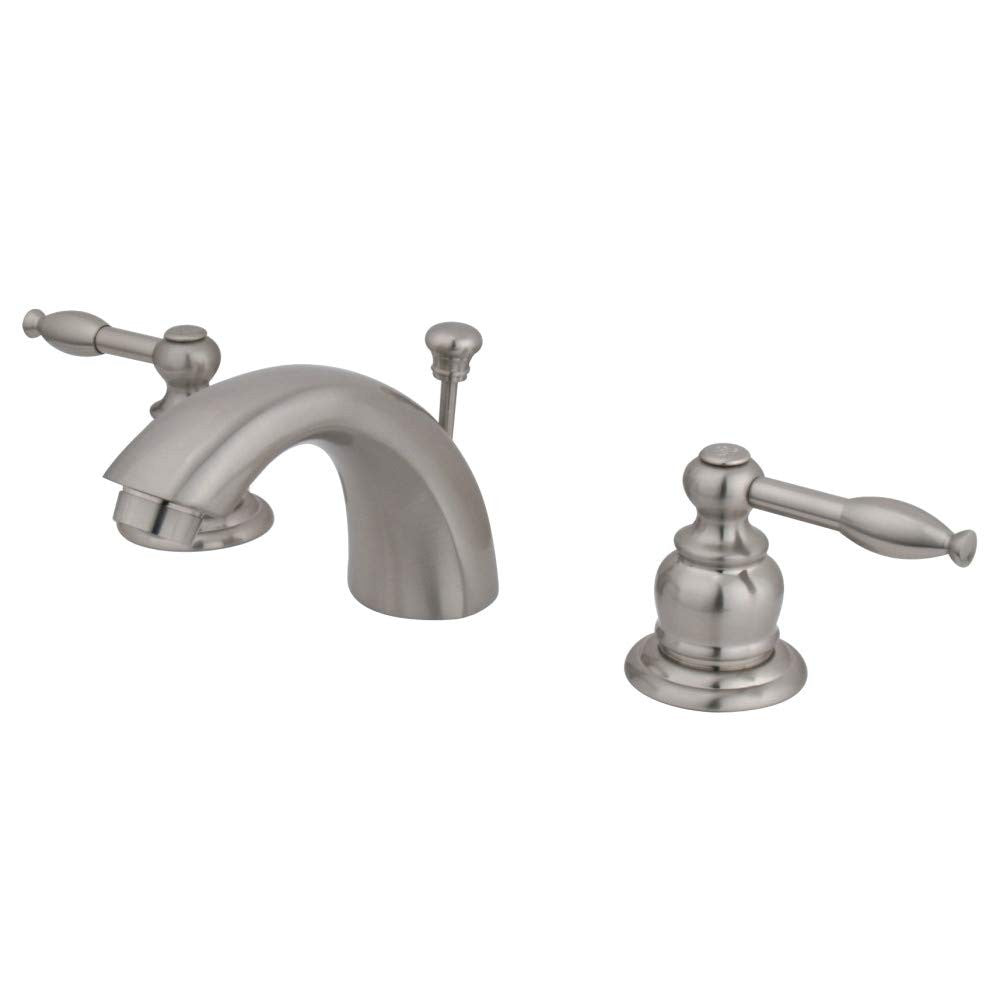 Kingston Brass KB958KL mini-widespread bathroom faucet in brushed nickel with dual handles and modern design.