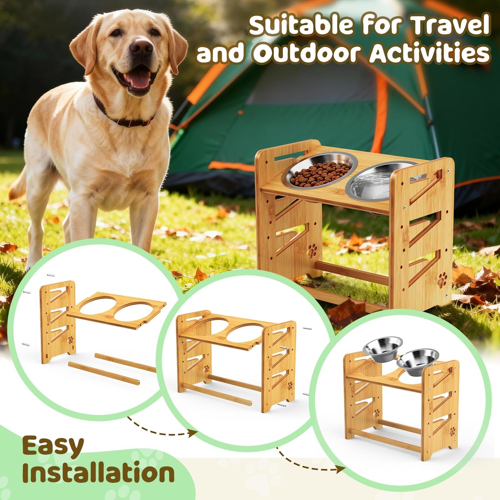 CozyLazy elevated dog bowls on adjustable stand for large and medium dogs, featuring a sturdy, modern design for comfortable feeding.