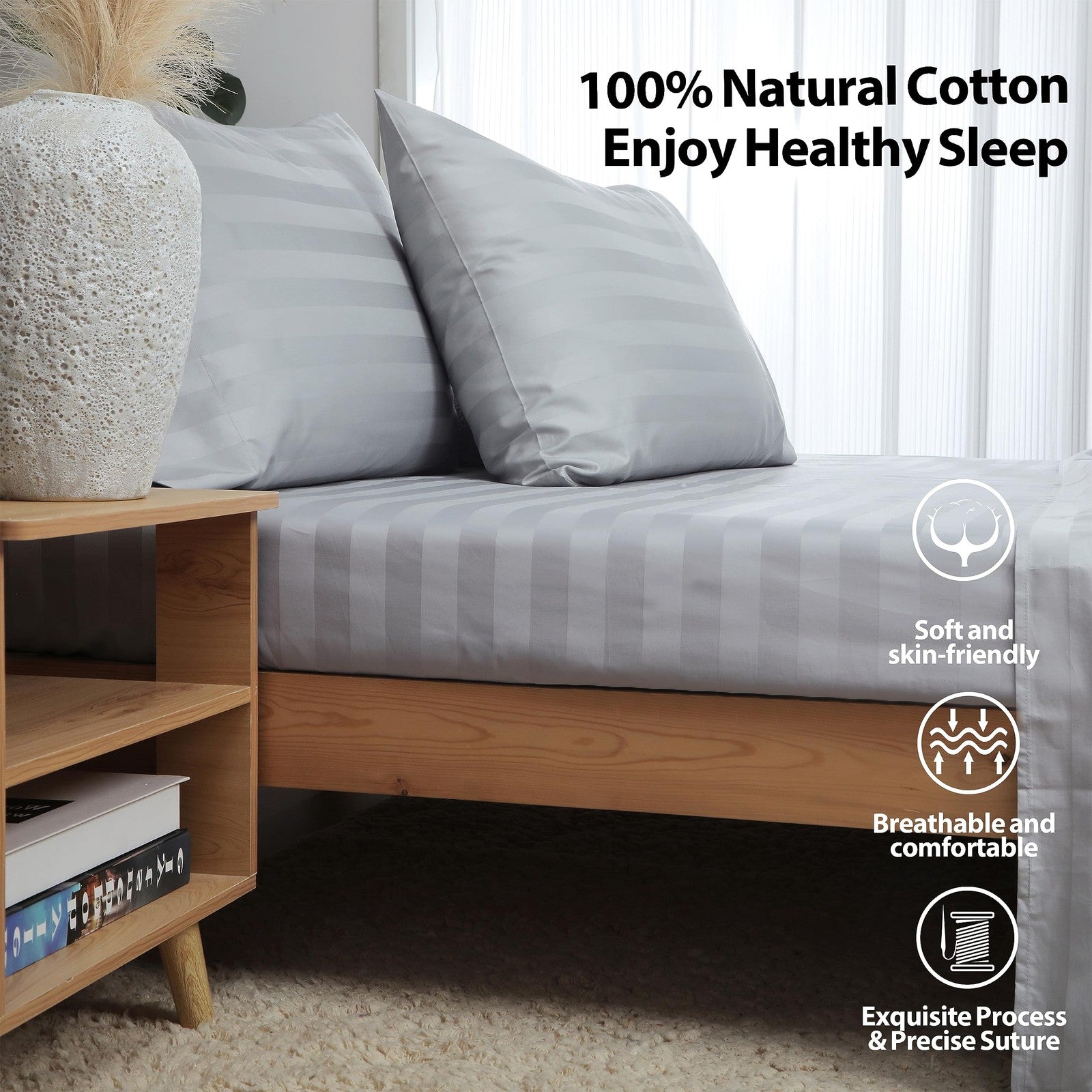 Two full-size cotton fitted sheets with 600 thread count and deep 16-inch pockets, by Shunjie.Home, featuring Egyptian cotton fabric.