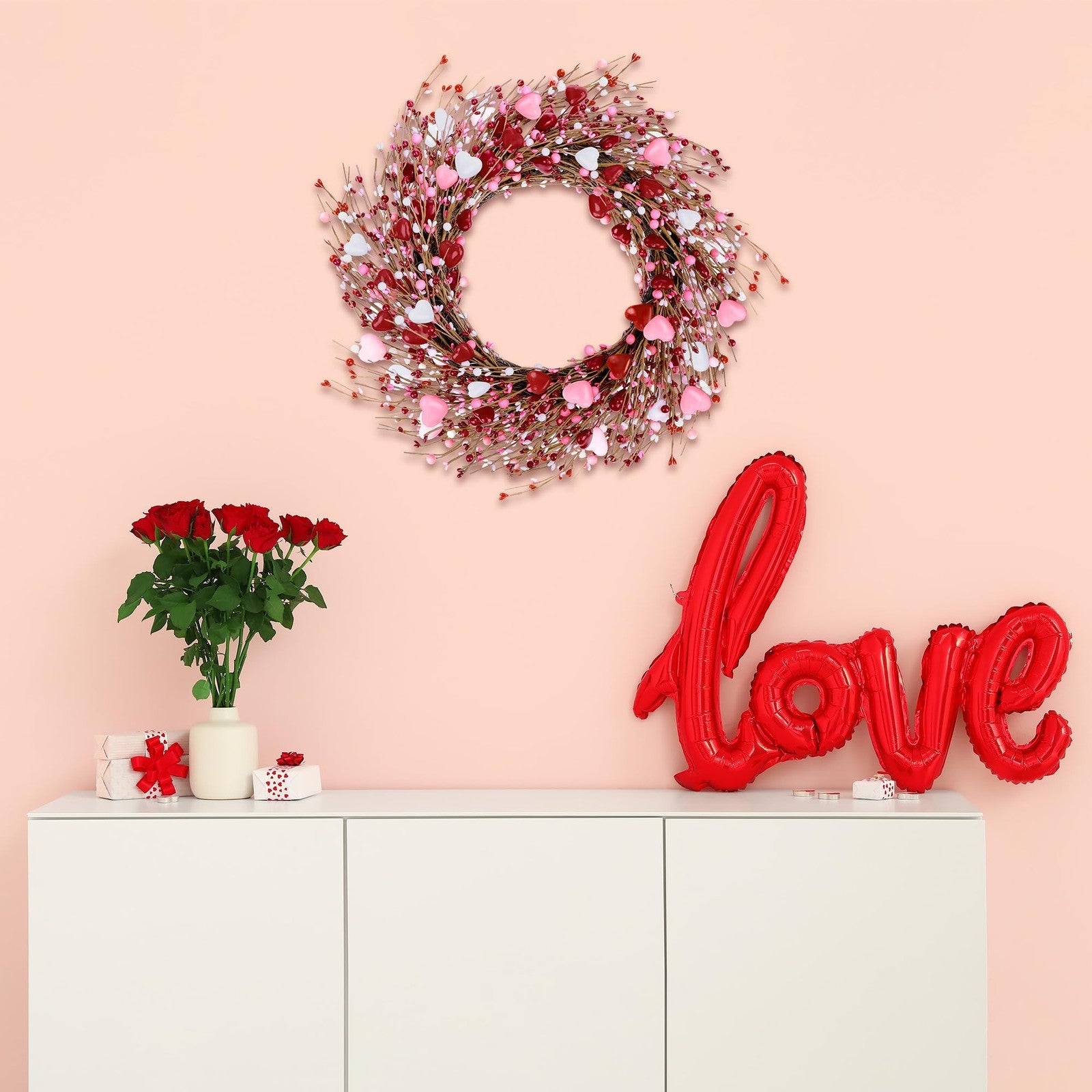 ANVAVO Valentine’s Day wreath with red, pink, and white hearts, berries, and artificial flowers, 24 inches decorative display