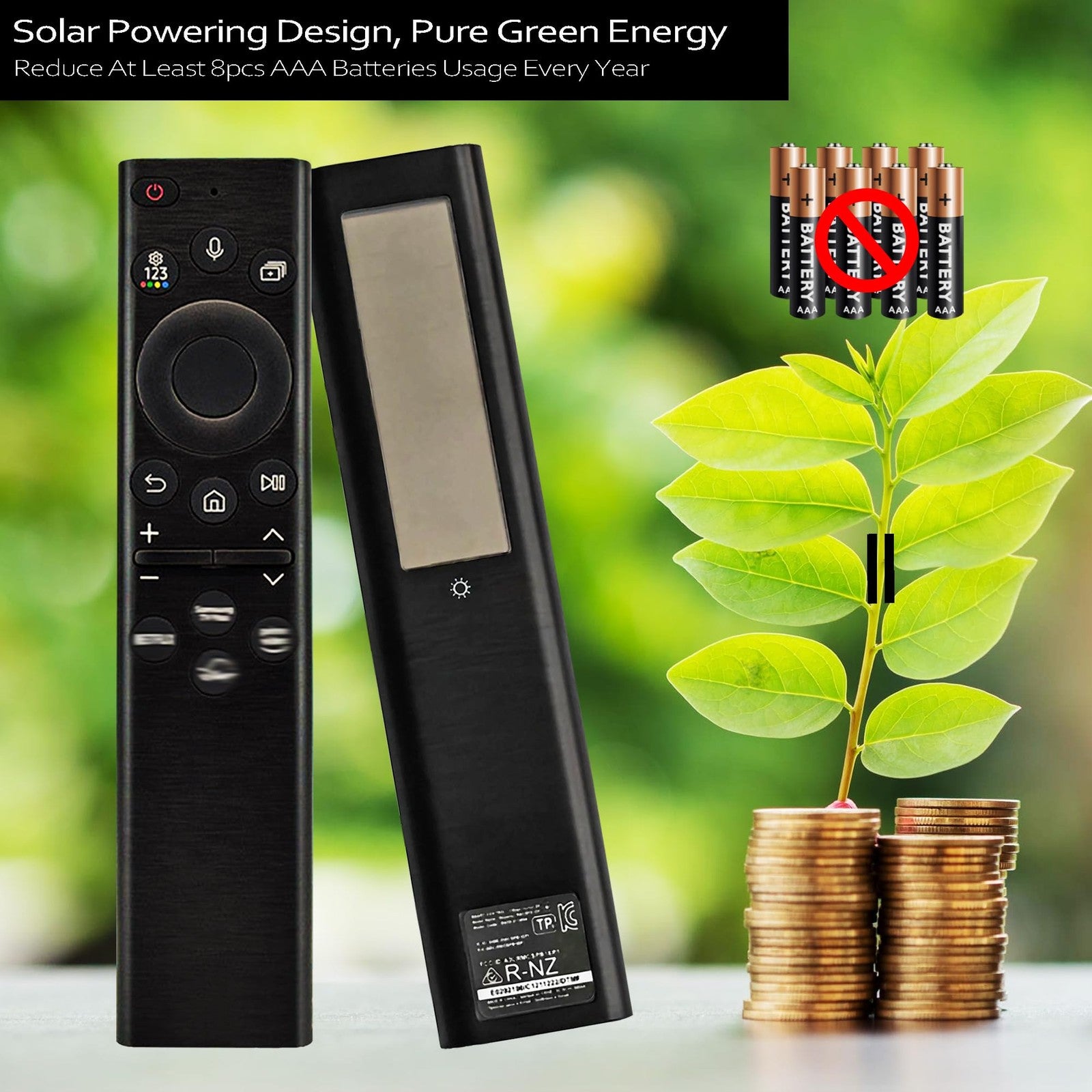FonPeak Samsung Solar Voice TV remote control compatible with Neo QLED The Frame Crystal, featuring sleek design and voice control buttons.