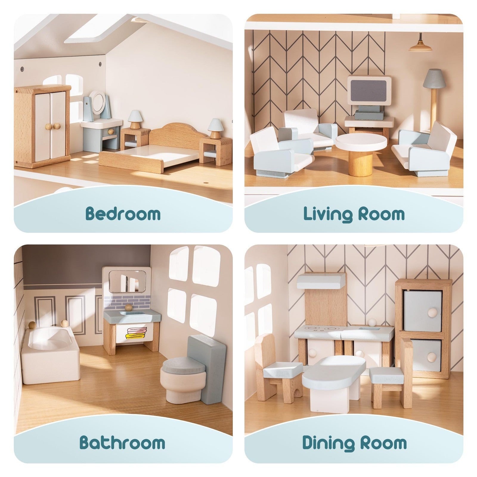 ROBOTIME 23-piece dollhouse furniture set with wooden mini furniture for 1:12 scale, including chairs, tables, and accessories.