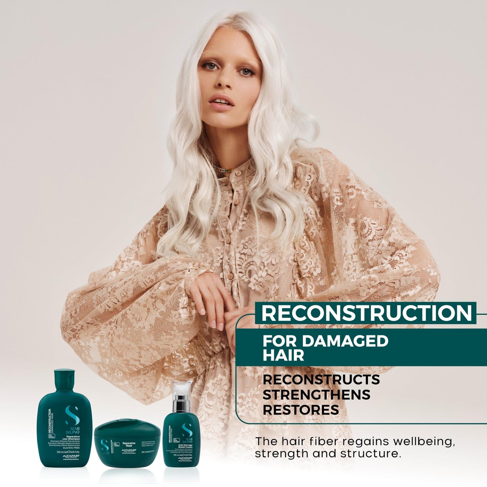 ALFAPARF MILANO Semi di Lino Reconstruction Reparative sulfate-free shampoo bottle with label and hair care branding.