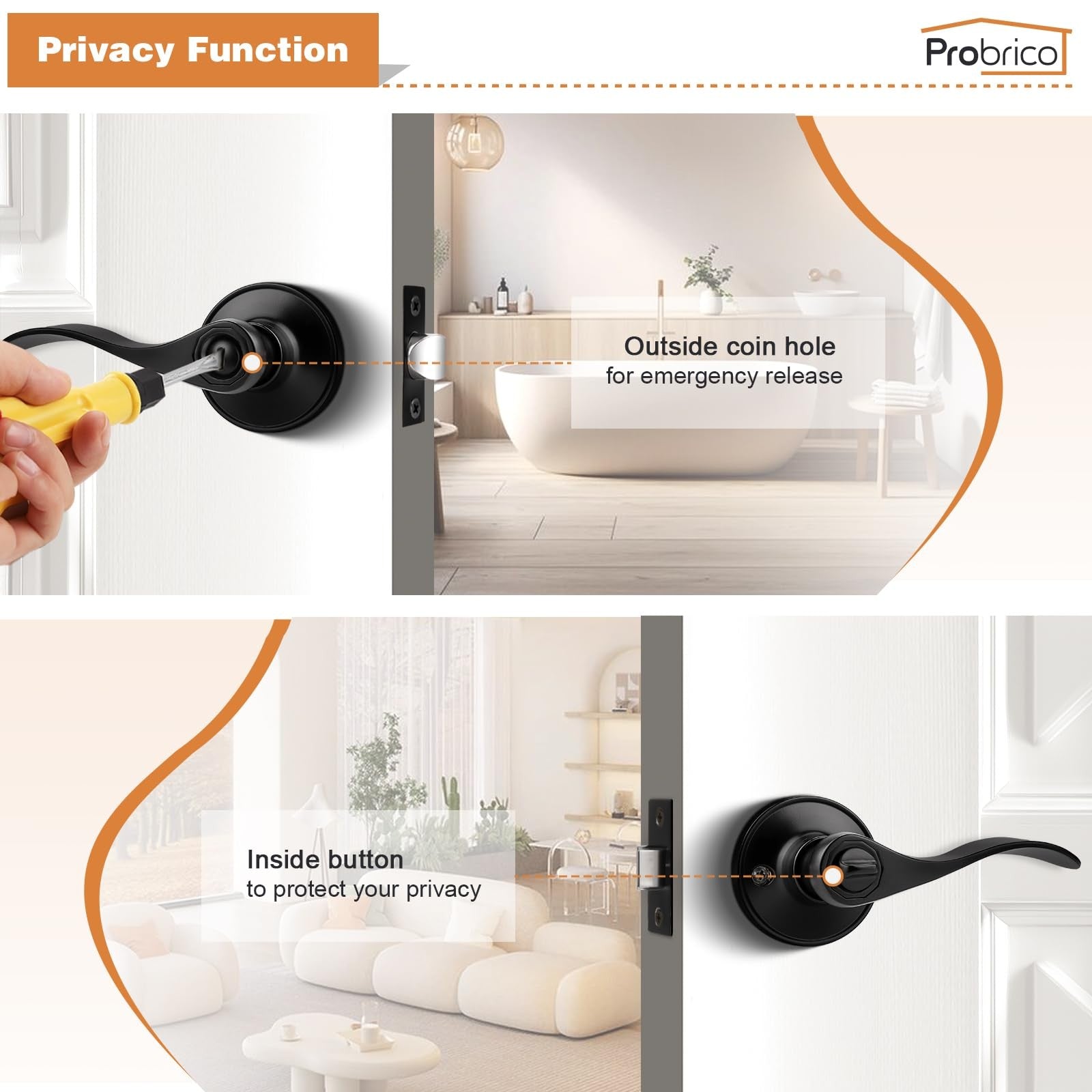 Set of four black Probrico privacy door handles for bathrooms, featuring sleek lever design and easy installation.