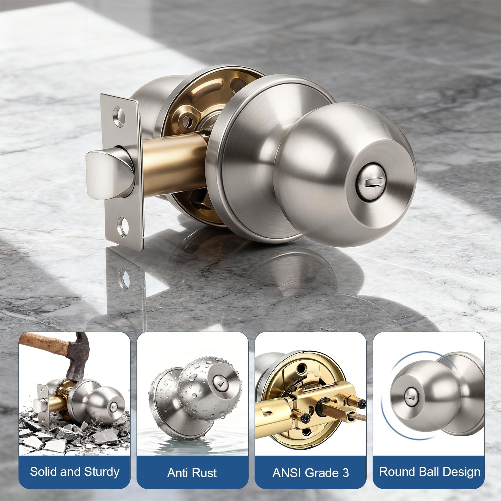 Set of five Knobonly satin nickel privacy door knobs for interior doors, keyless design with a sleek, modern finish.