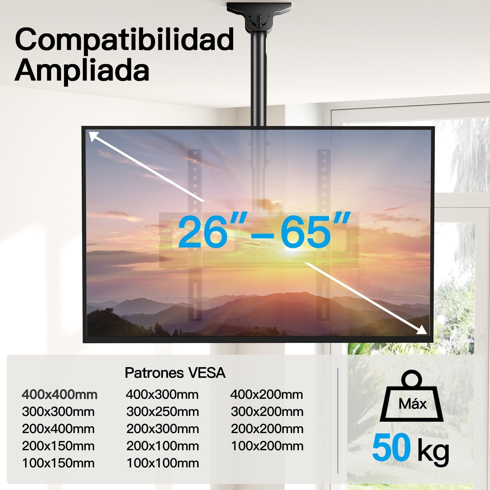 Perlesmith adjustable ceiling TV mount for 26-65 inch flat screens with VESA 400x400mm, featuring a sleek black design.