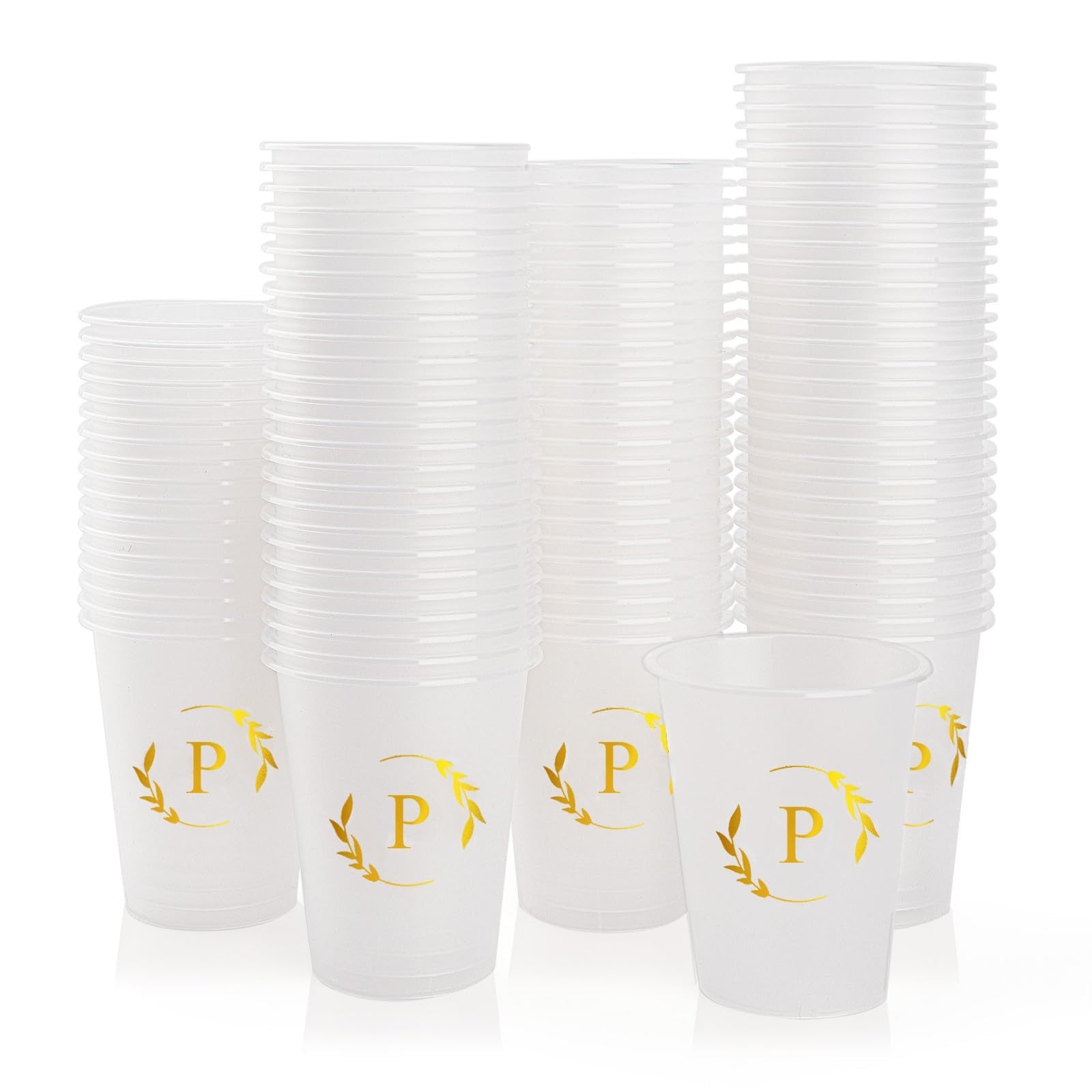 Lingringdcy 12oz monogrammed disposable plastic cups for wedding or baby shower, featuring initial design and clear plastic material.