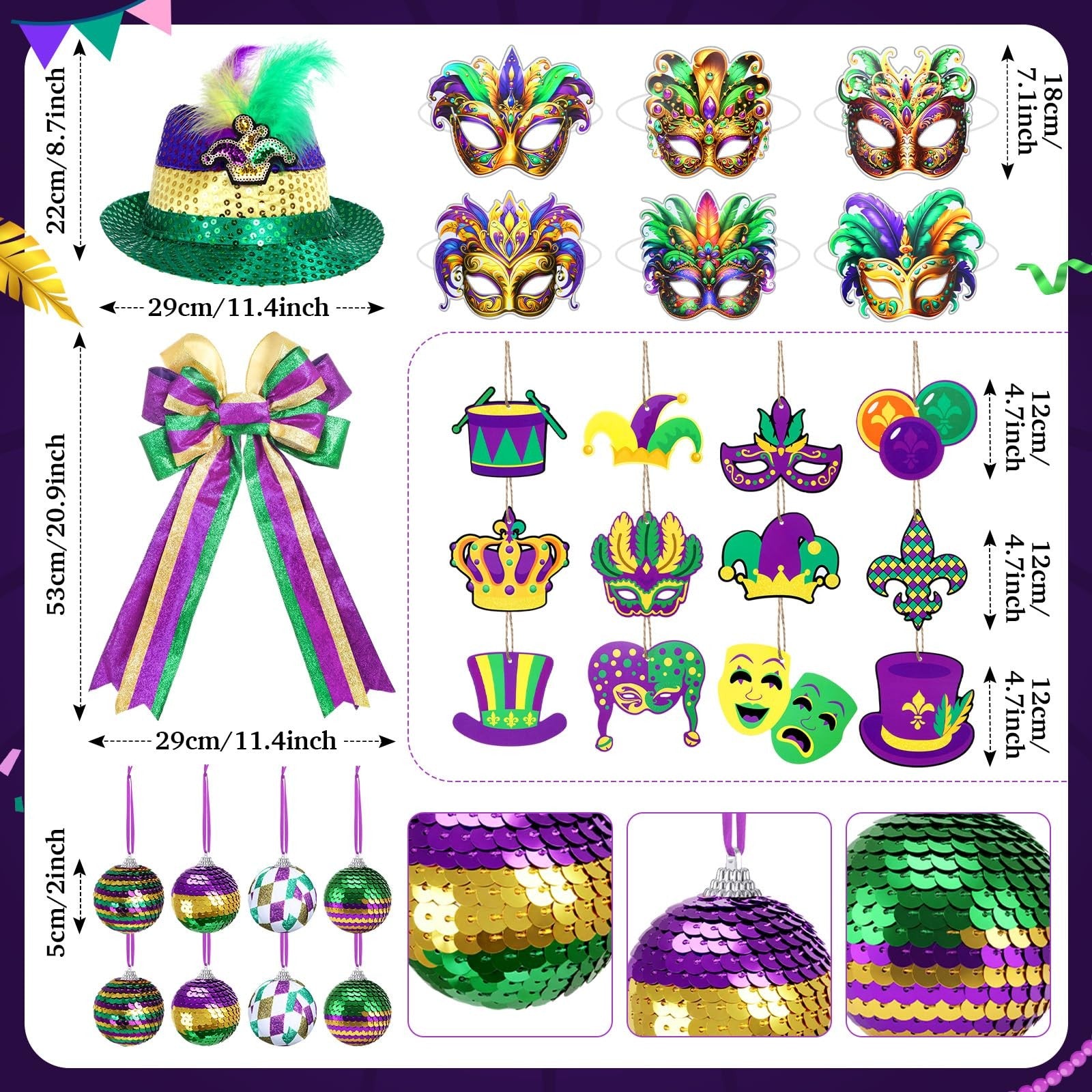 Halfchet 43-piece Mardi Gras themed tree decoration with hanging ornaments and festive embellishments for Mardi Gras celebrations.