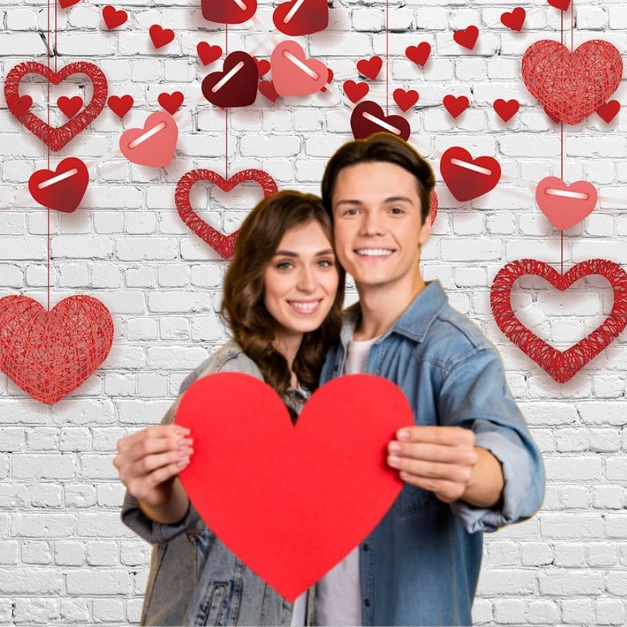 INRUI RUINI Valentine's photography backdrop featuring bokeh red hearts and a rustic white brick wall for romantic photos.