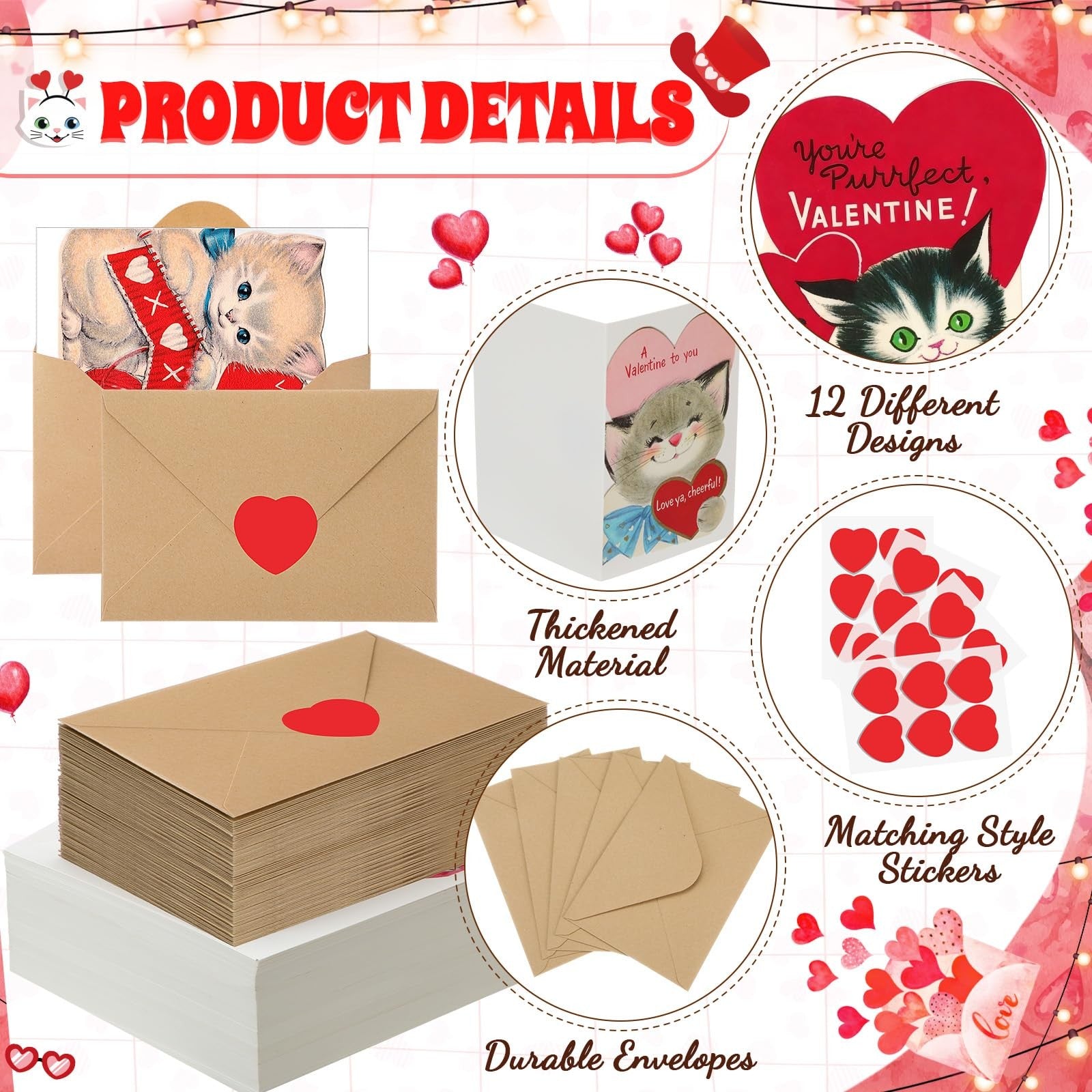 Tenceur vintage Valentine's Day cat card set with 240 red love-themed cards and envelopes, featuring adorable cat illustrations.