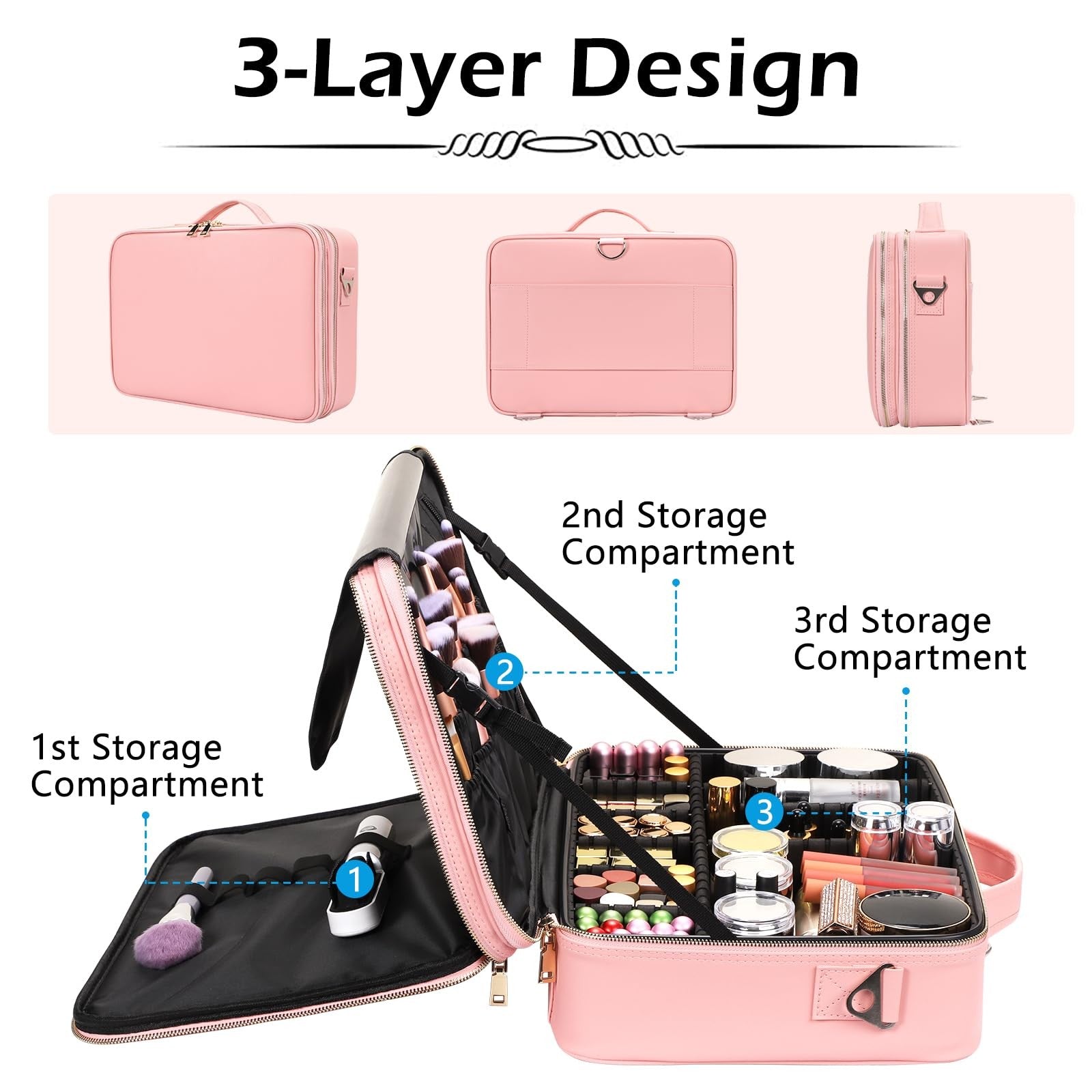 Gzcz large capacity travel makeup case organizer with multiple compartments for cosmetics and beauty essentials.