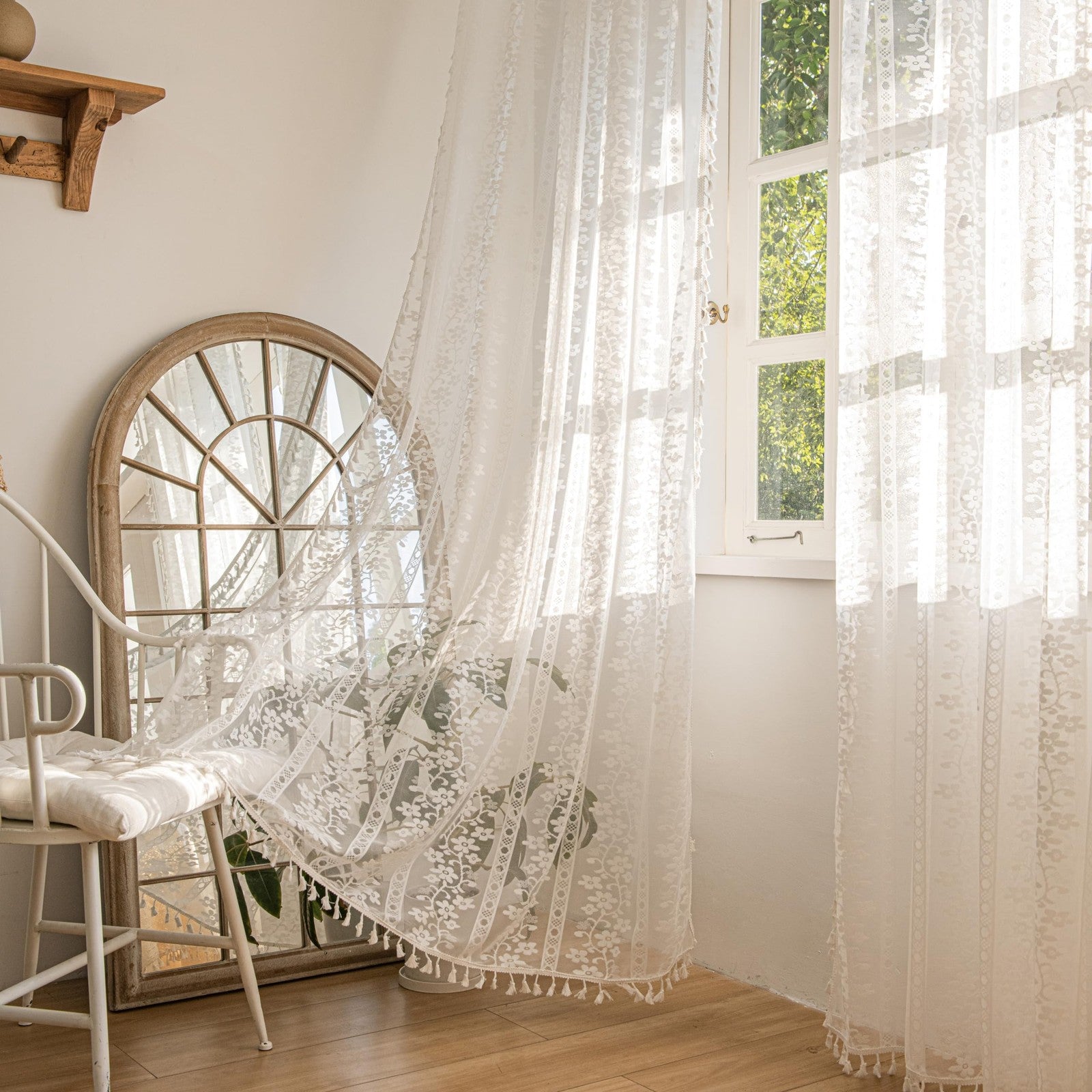 Sutuo Home boho curtains with two 84-inch floral crochet and macrame window panels, featuring intricate lace and decorative design.