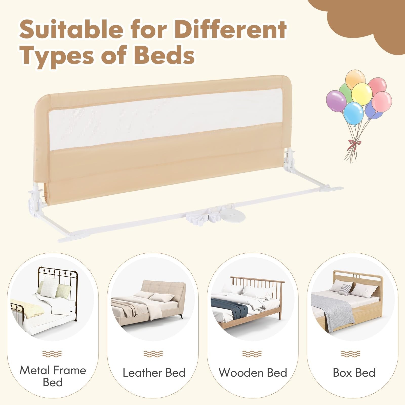 Baby Joy toddler bed rails, 59-inch long swing-down bed guard with safety features, shown on a child's bed in a nursery setting.
