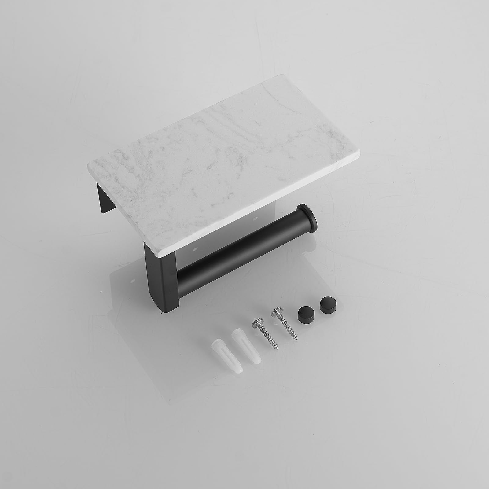 Matte black BWE marble toilet paper holder with shelf, wall-mounted stainless steel bathroom accessories