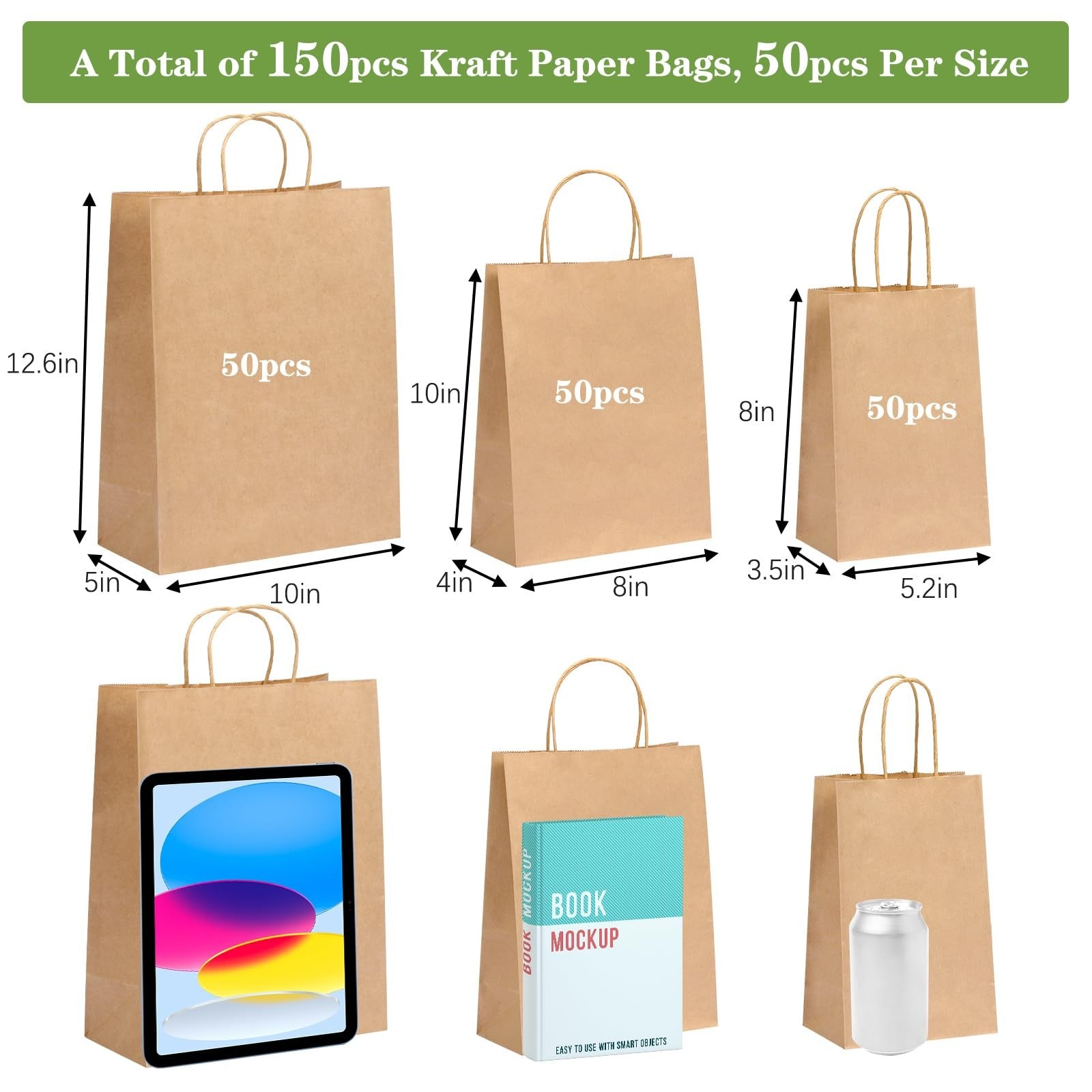 OUTUXED 150-pack brown paper gift bags with handles in assorted sizes, made of kraft paper, for packaging and gifting purposes