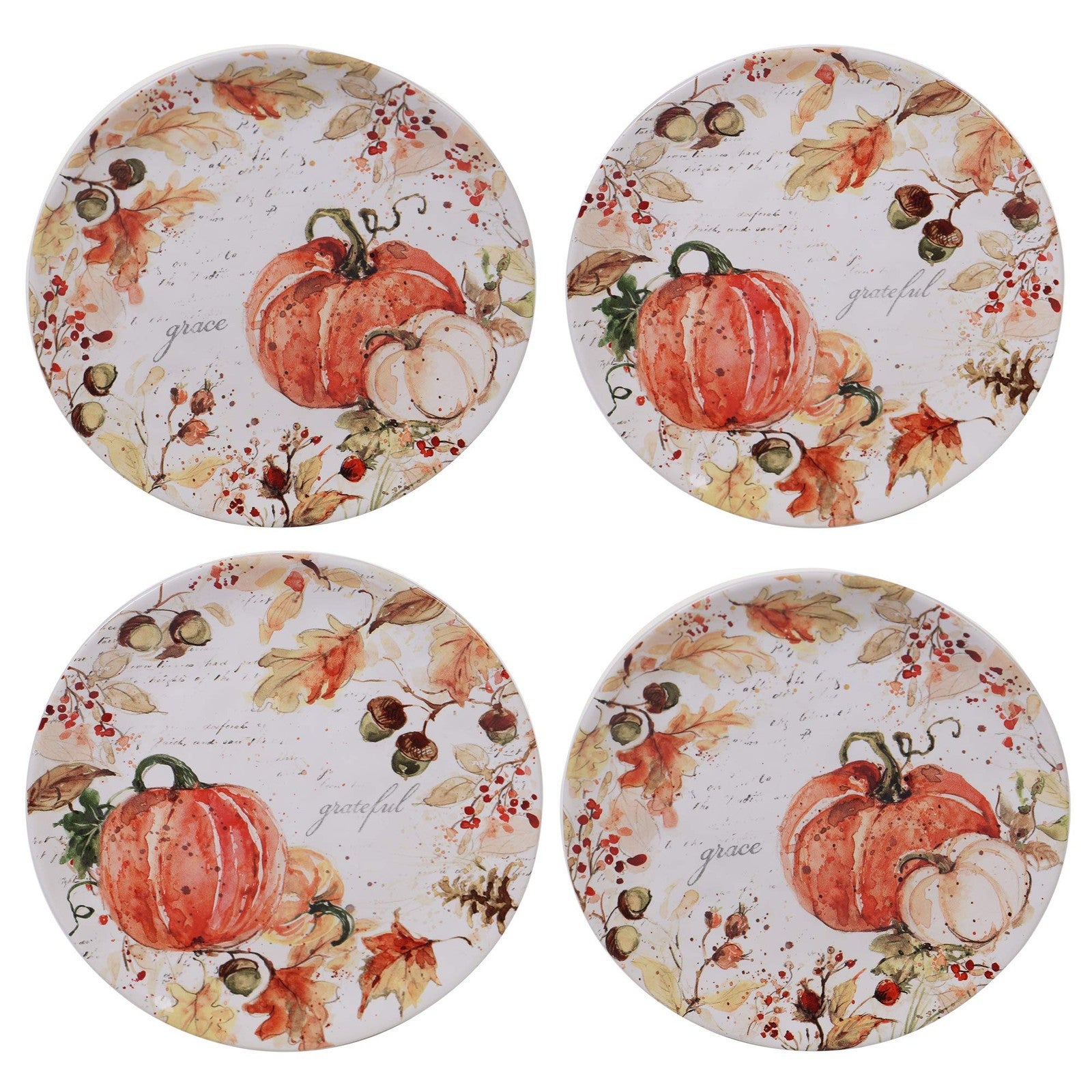 Set of four Harvest Splash salad and dessert plates by Certified International with two colorful, assorted nature-inspired designs.