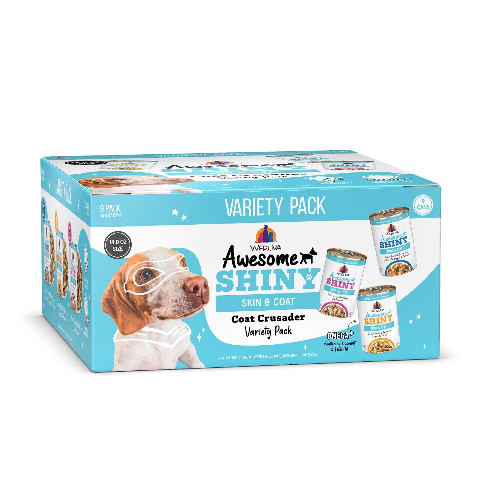Weruva Awesome Shiny Wet Dog Food Coat Crusader variety pack with 14oz cans, showcasing the colorful, nutritious dog food cans.