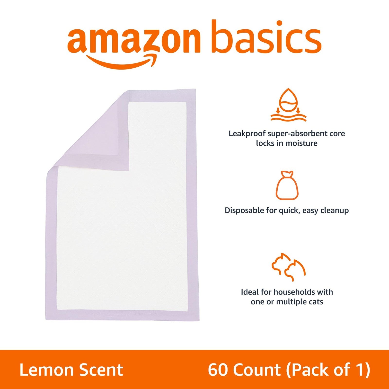 Amazon Basics cat pee pads with odor control, super absorbent, disposable, and universal size for indoor use.
