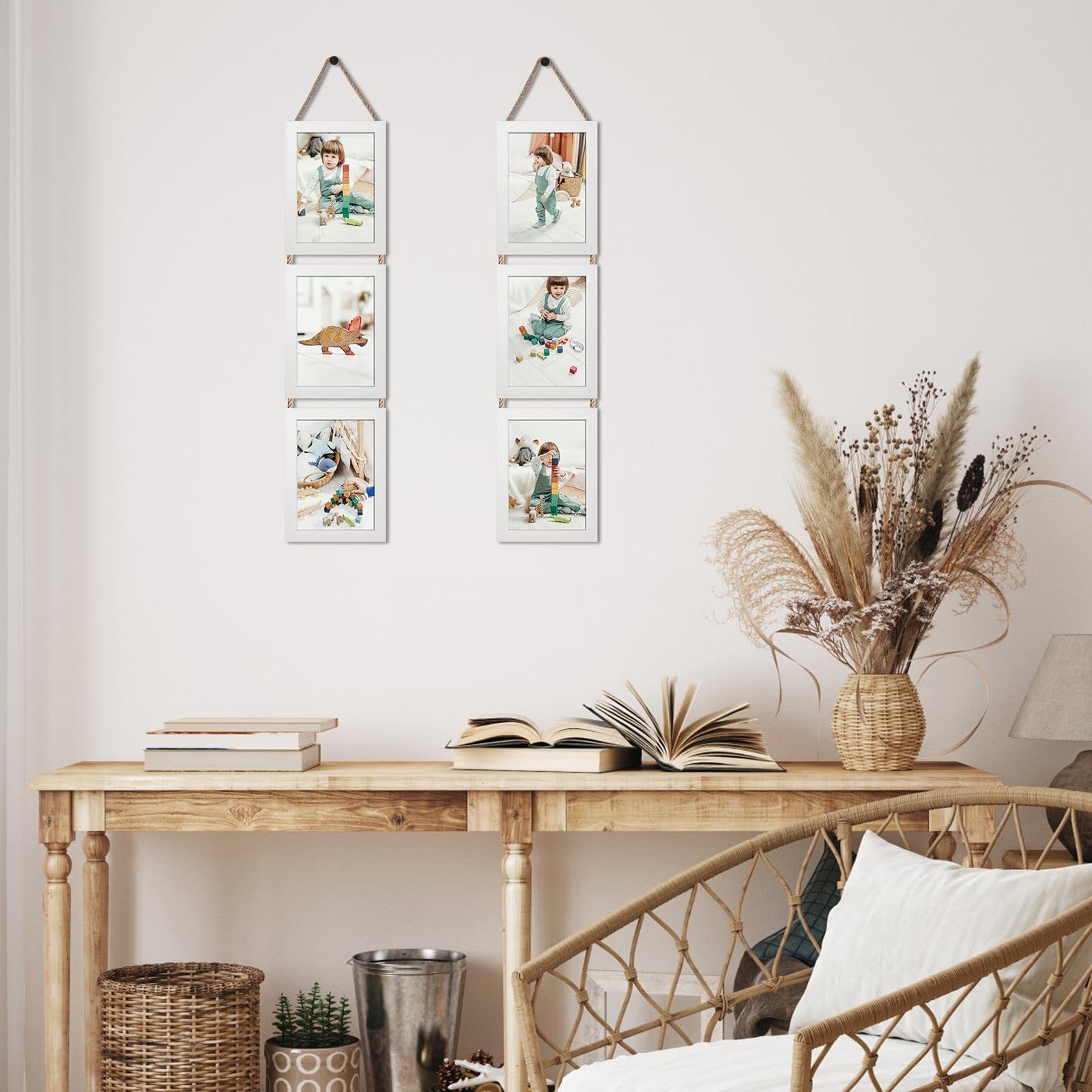 Lavezee 5x7 white hanging collage picture frames set of 2 with 6 vertical openings for wall display.