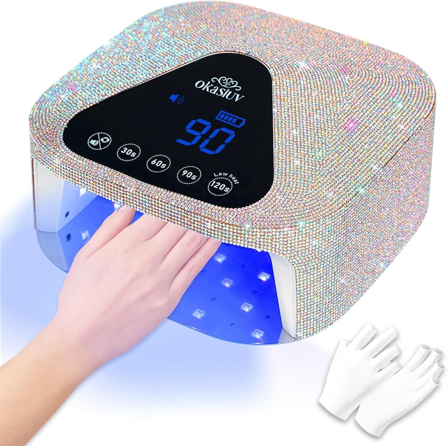 Okasiuv UV LED nail lamp with magnetic metal mirror base, cordless design, includes UV gloves for professional nail curing.