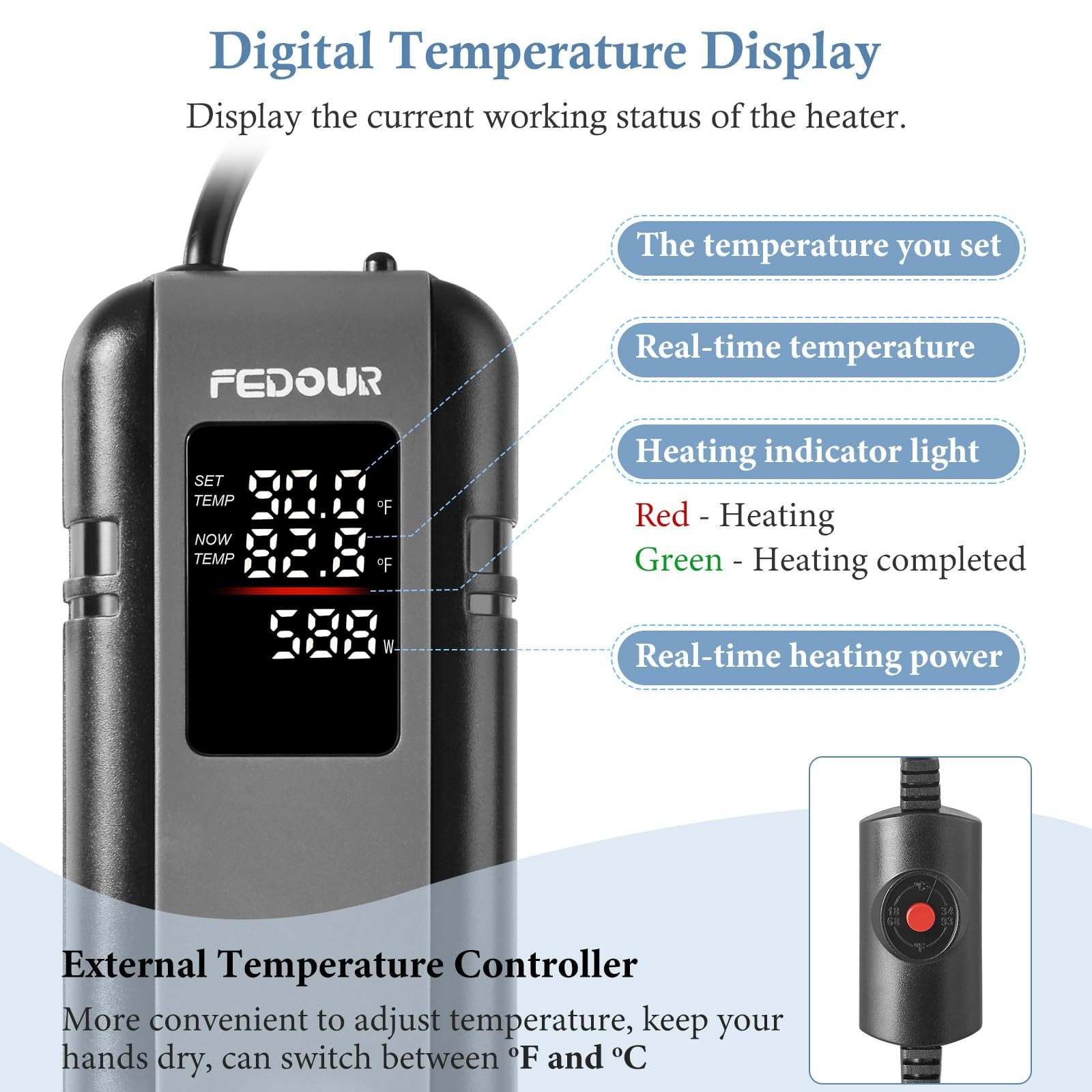 FEDOUR 600W titanium aquarium heater with external LED digital controller, showing the heater and control panel.