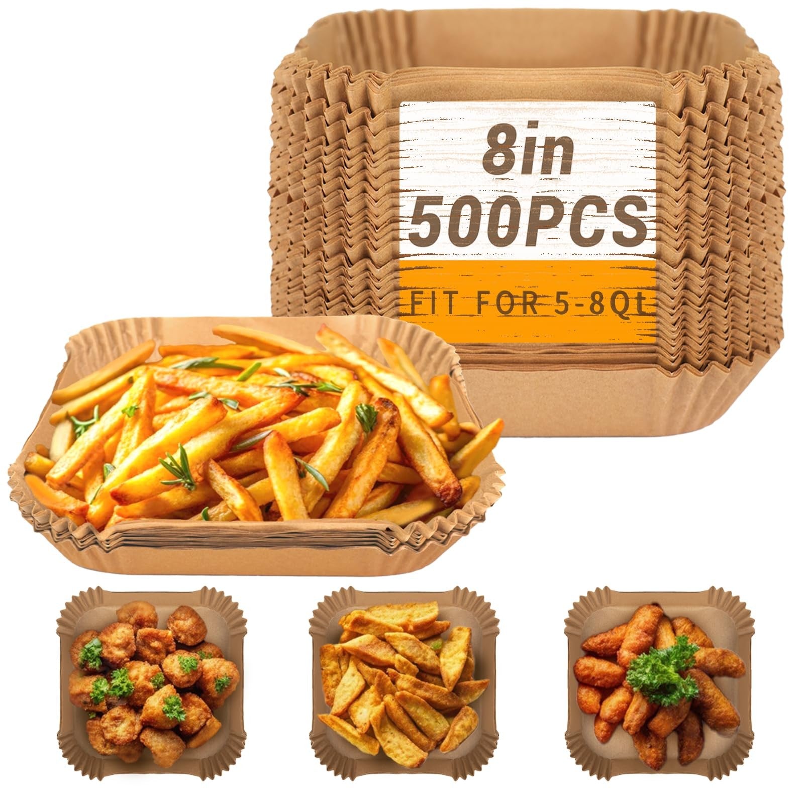 Set of 500 Bake Choice 8-inch square air fryer paper liners, disposable parchment paper for easy food release and cleanup.