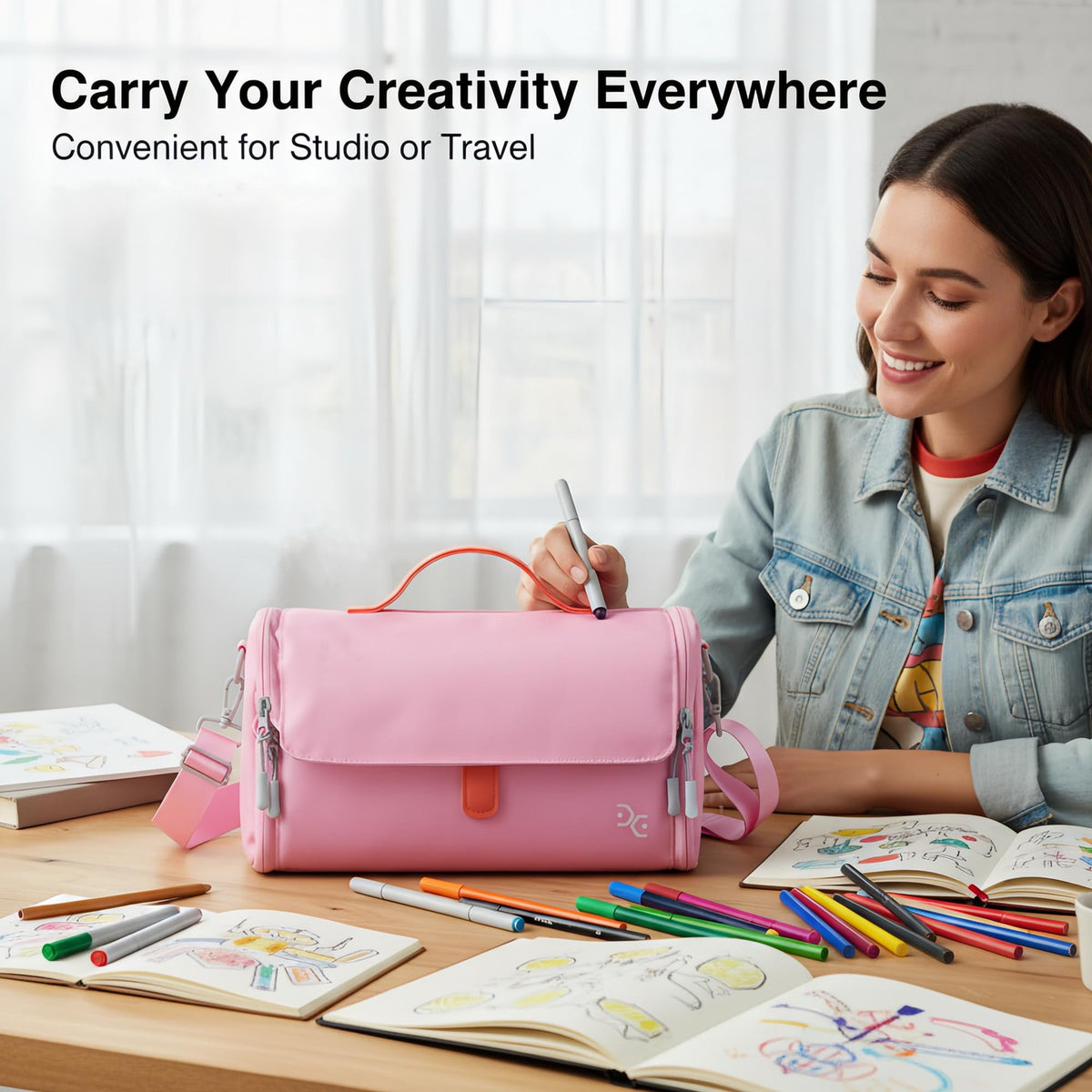 Pink Togood tote handbag designed to hold up to 160 marker pens, with a crossbody style and spacious interior.