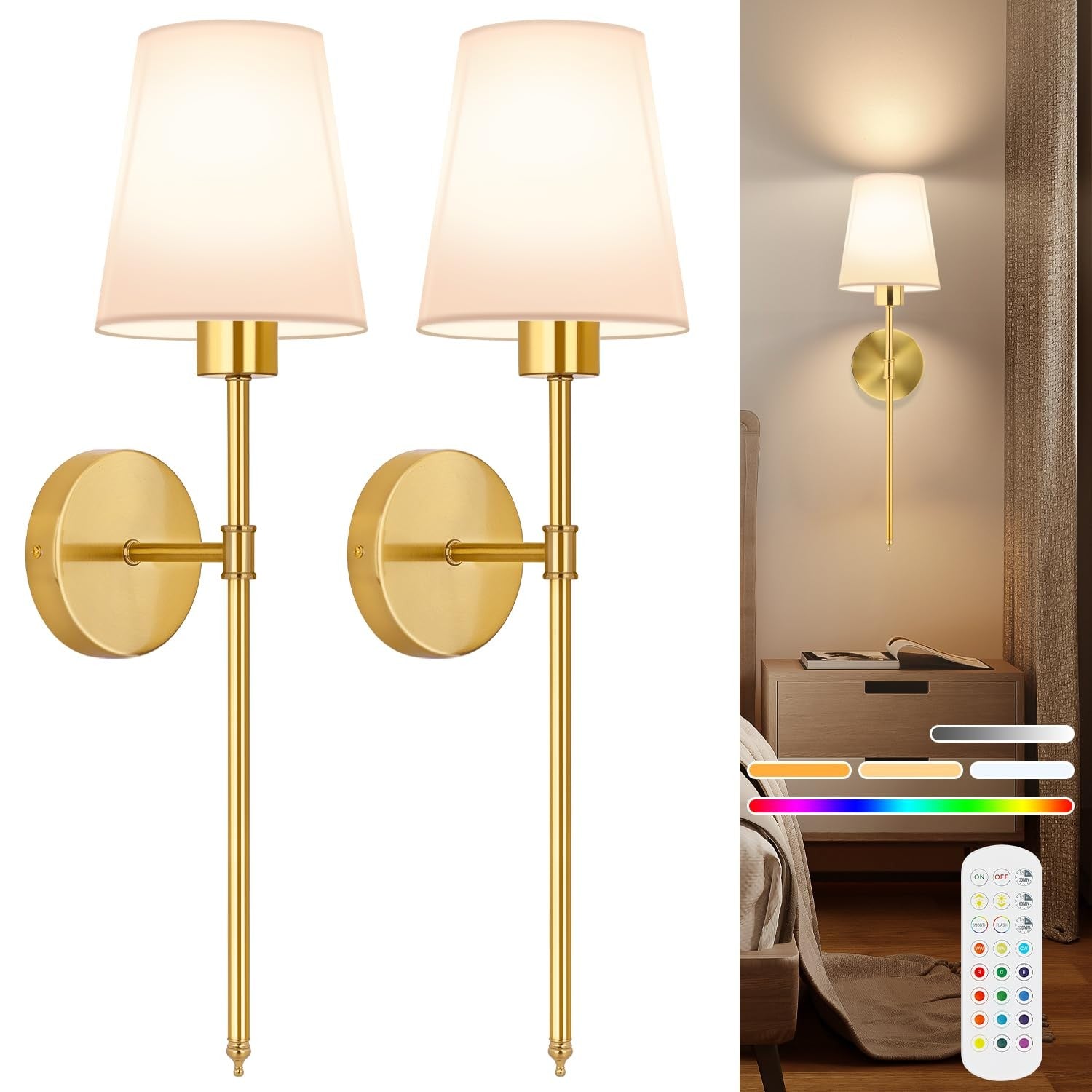 Set of 2 TISLYCO gold battery-operated wall sconces with rechargeable lamps, featuring sleek wall-mounted design and modern style.